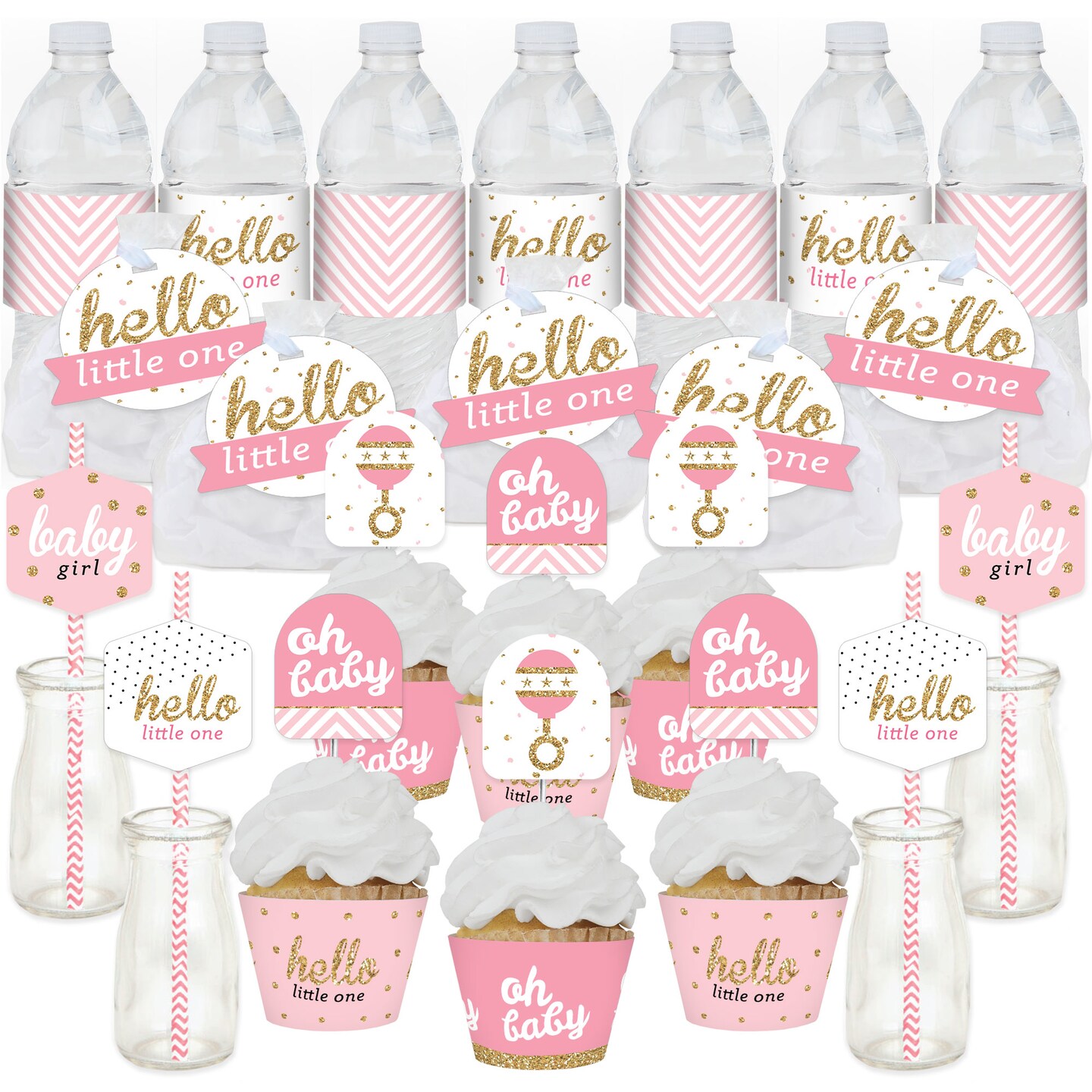 Big Dot of Happiness Hello Little One - Pink and Gold - Girl Baby Shower Favors and Cupcake Kit - Fabulous Favor Party Pack - 100 Pieces