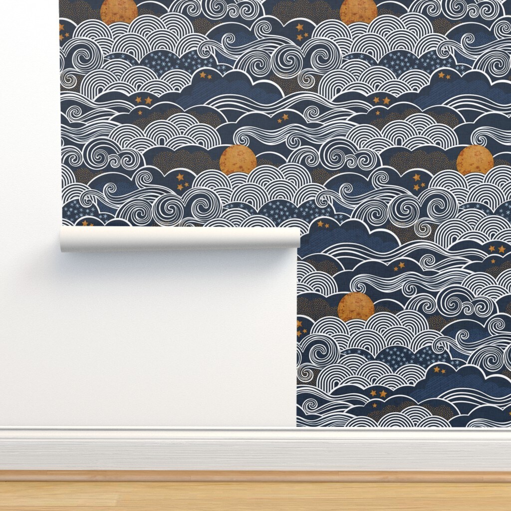 Night Sky Clouds Gold Stars Sky Blue Mustard Dark Navy Custom Removable Wallpaper by Spoonflower Peel & Stick Wallpaper 2FT Wide