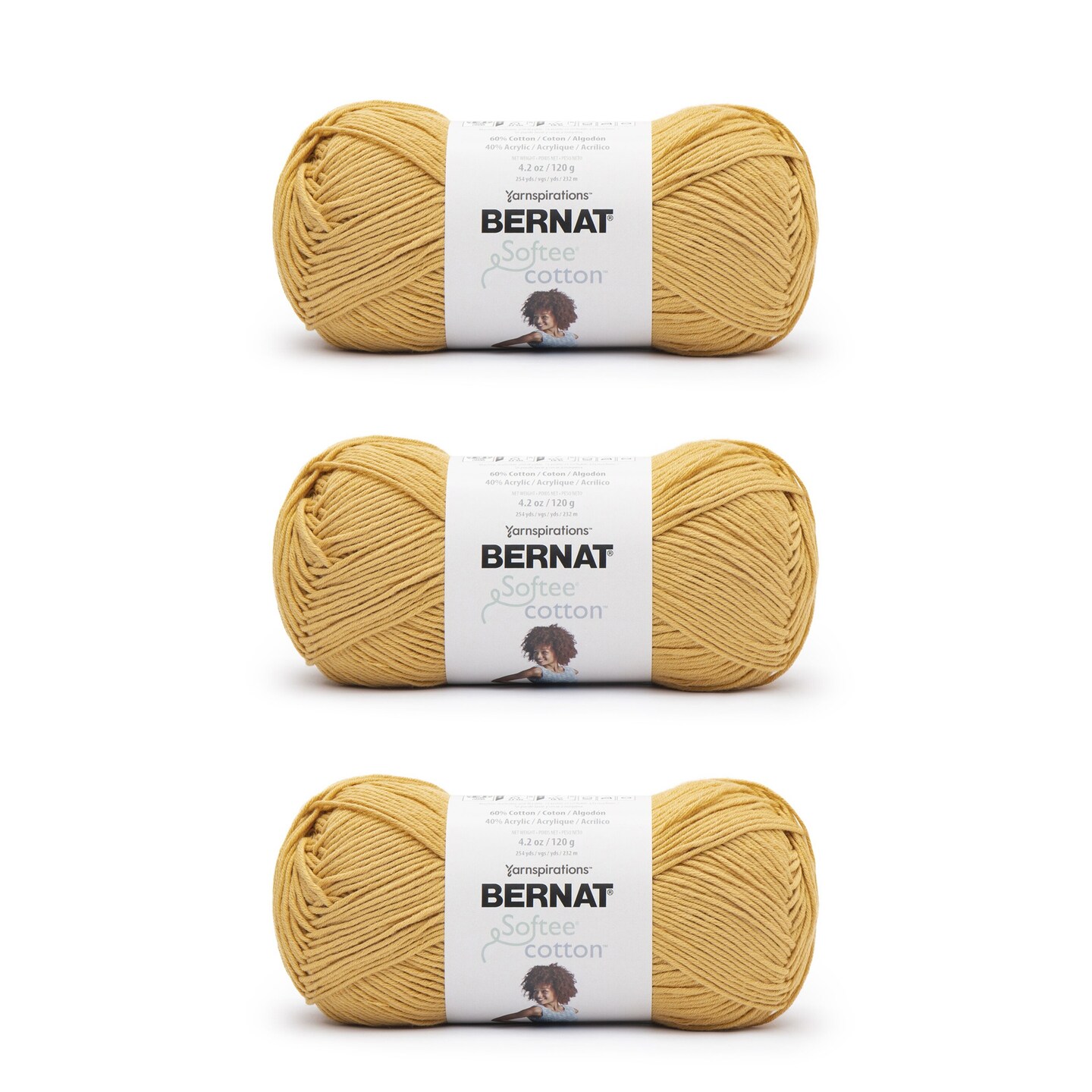 Bernat Softee Cotton Golden Yarn - 3 Pack of 120g/4.25oz - Nylon - 3 DK (Light) - 254 Yards - Knitting/Crochet