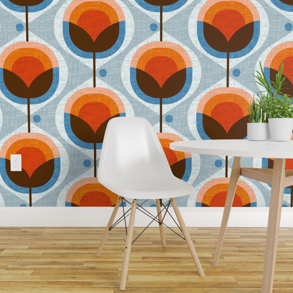 Pre-Pasted Wallpaper 2FT Wide Mid Century Damask Retro Orange Geometric ...