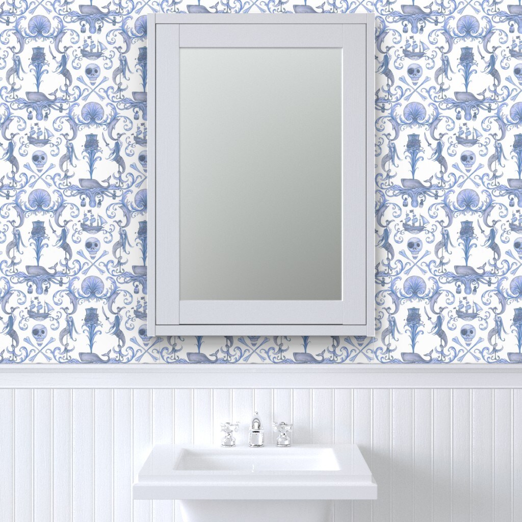 Pre-Pasted Wallpaper 2FT Wide Antique Blue Pirate Octopus Skull Dolphin Mermaid Whale Shell Whimsical Vintage Era Custom Pre-pasted Wallpaper by Spoonflower