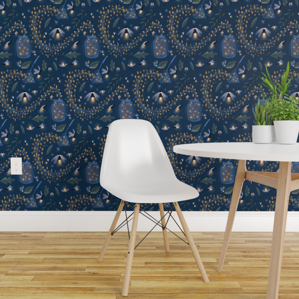 Peel &#x26; Stick Wallpaper 2FT Wide Fireflies Picnic Boys Room Jar Whimsical Watercolor Insects Custom Removable Wallpaper by Spoonflower