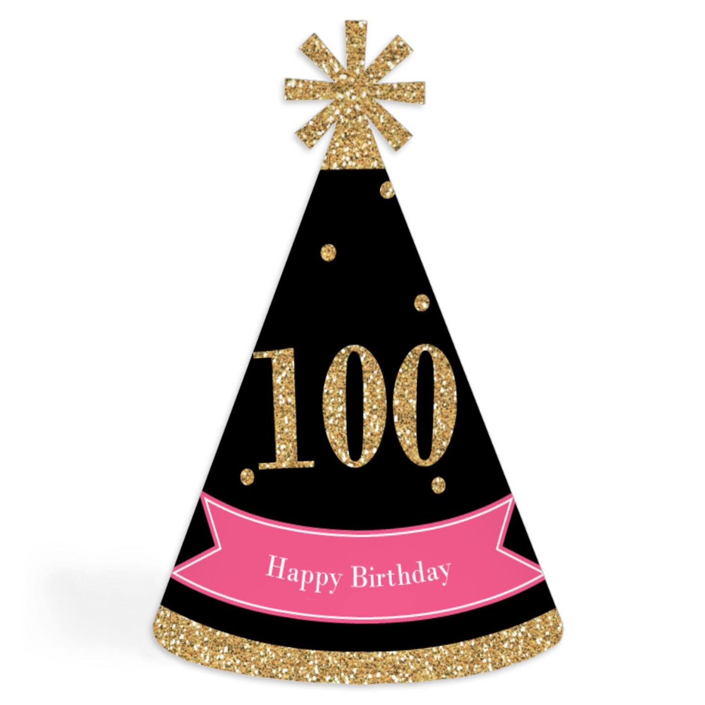 Big Dot of Happiness Chic 100th Birthday - Pink, Black and Gold - Cone Happy Birthday Party Hats for Adults - Set of 8 (Standard Size)