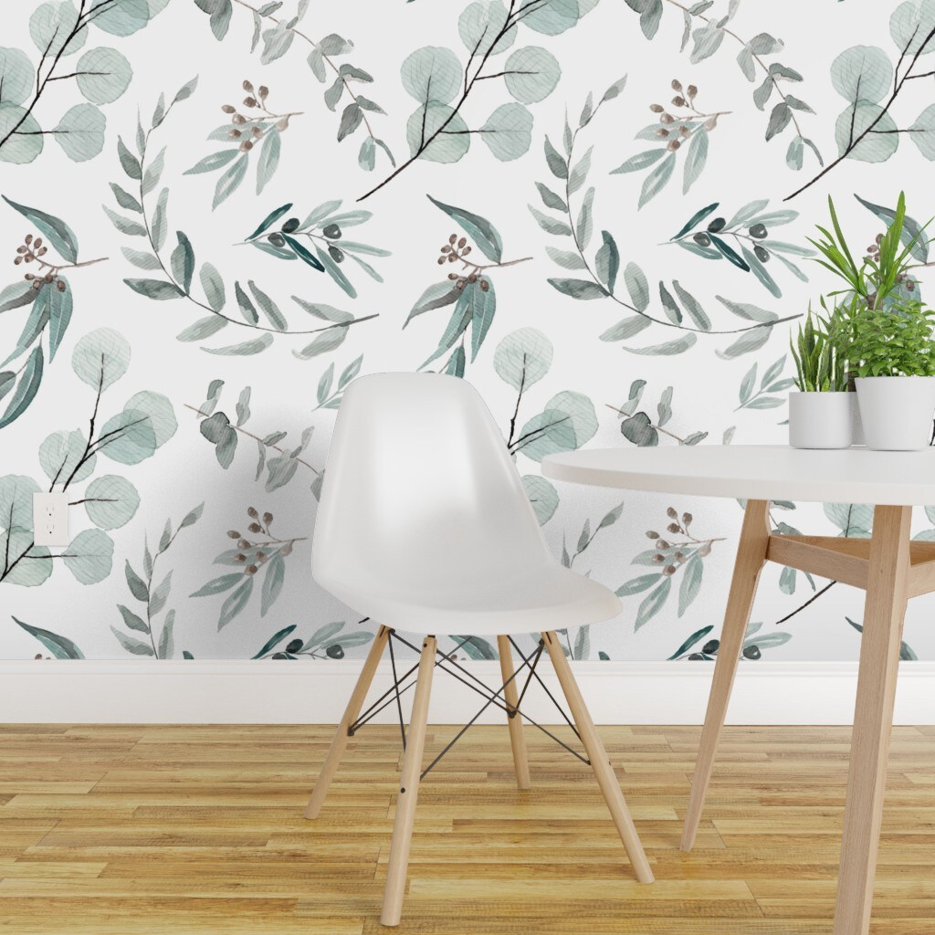 Peel & Stick Wallpaper 2FT Wide Australian Eucalyptus Leaves Botanical Flora Rustic Farmhouse White Green Watercolor Greenery Custom Removable Wallpaper by Spoonflower