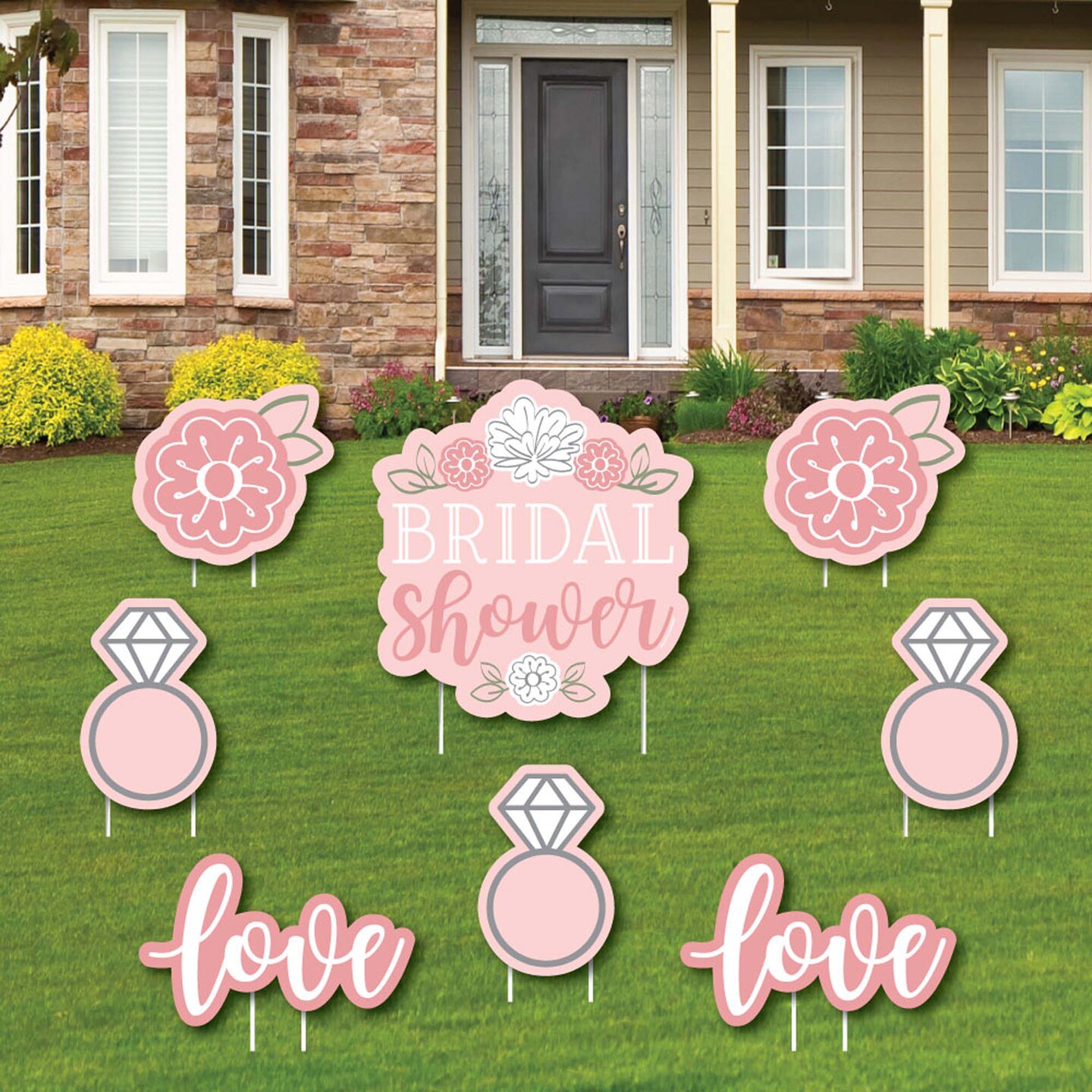 Big Dot of Happiness Floral Bridal Shower - Yard Sign and Outdoor Lawn Decorations - Pink Bridal Shower Yard Signs - Set of 8