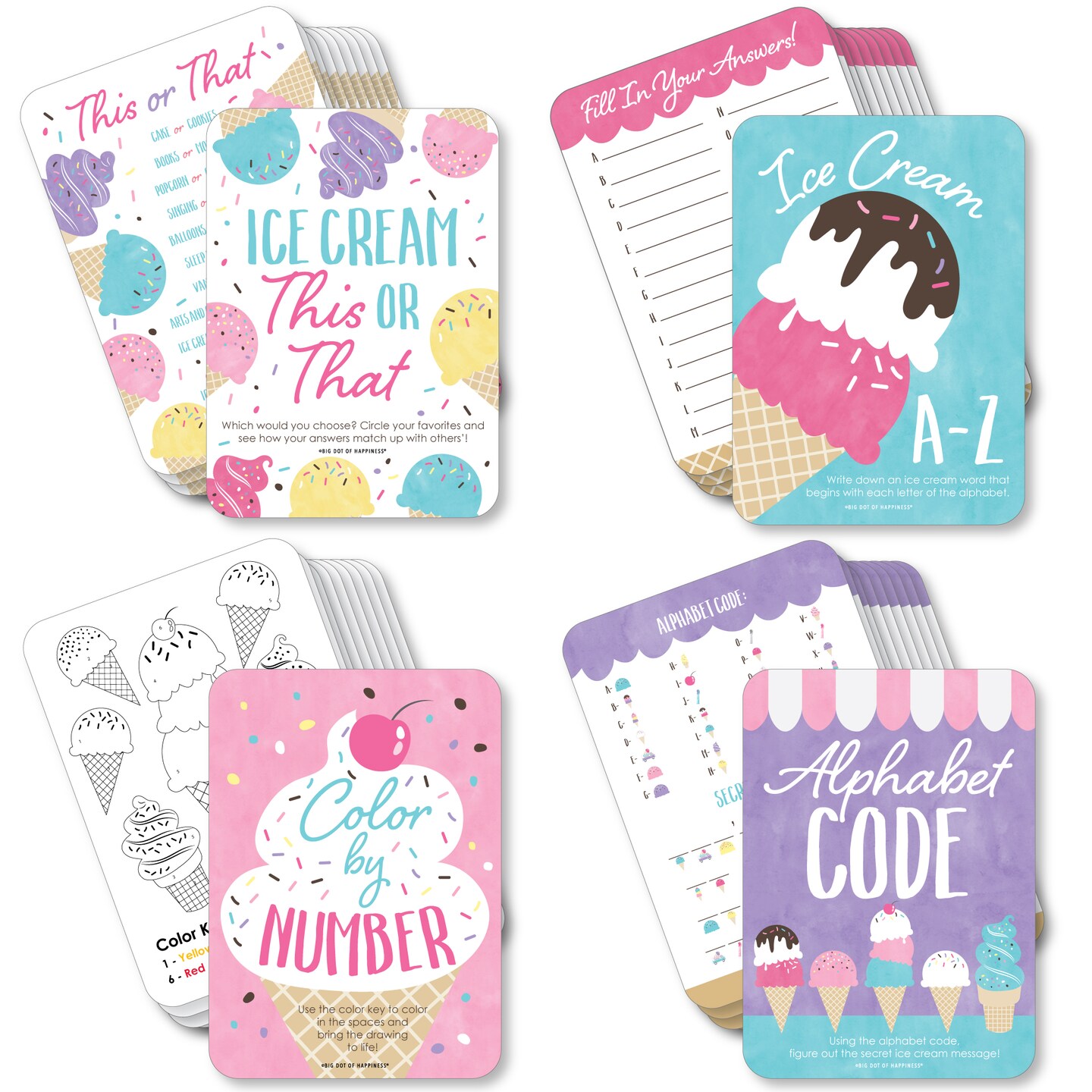 Big Dot of Happiness Scoop Up The Fun - Ice Cream - 4 Sprinkles Party Games - 10 Cards Each - Gamerific Bundle