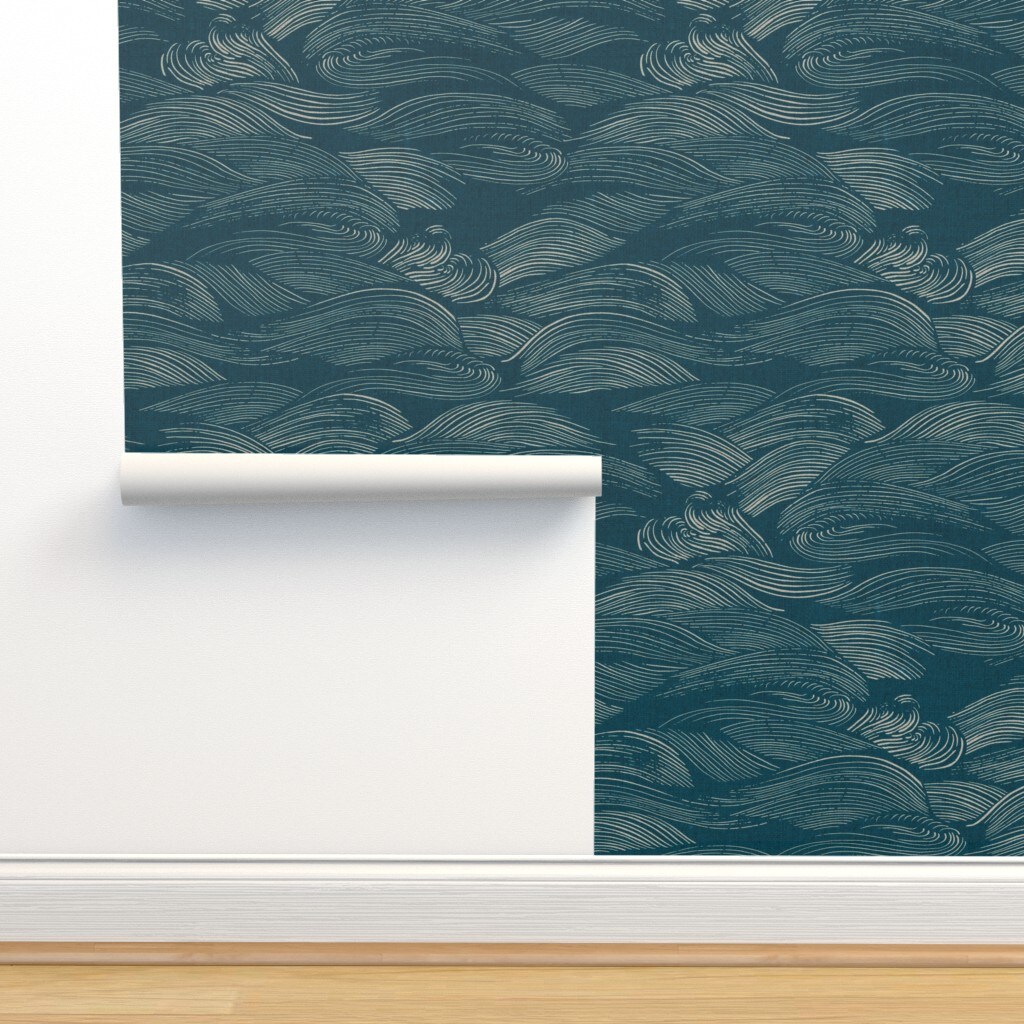 Blue Waves Abstract Water Sea Ocean Marine Teal Custom Removable Wallpaper by Spoonflower Peel & Stick Wallpaper 2FT Wide