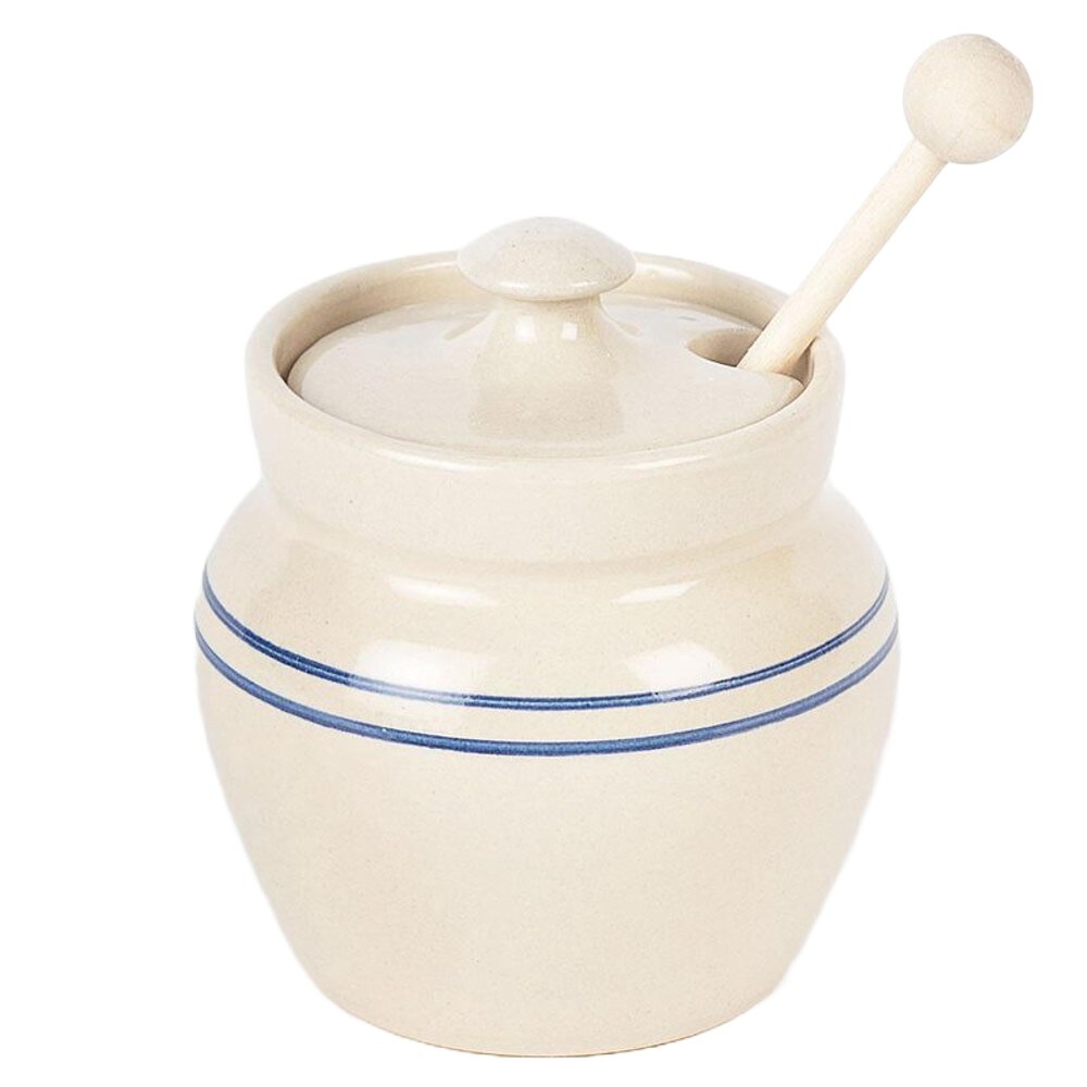 Martinez Pottery Heritage Blue Stripe Stoneware Honey Pot with Wooden Dipper