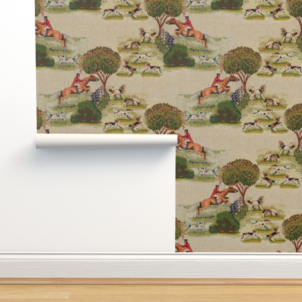 Vintage Style Fox Hunt Equestrian English Landscape Beagle Foxhound Custom Pre-pasted Wallpaper by Spoonflower Pre-Pasted Wallpaper 2FT Wide