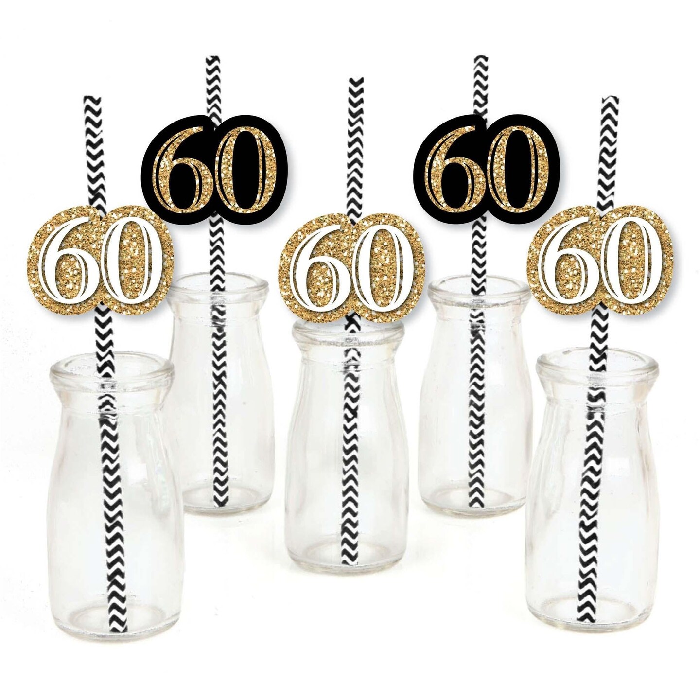 Big Dot of Happiness Adult 60th Birthday - Gold - Paper Straw Decor - Birthday Party Striped Decorative Straws - Set of 24
