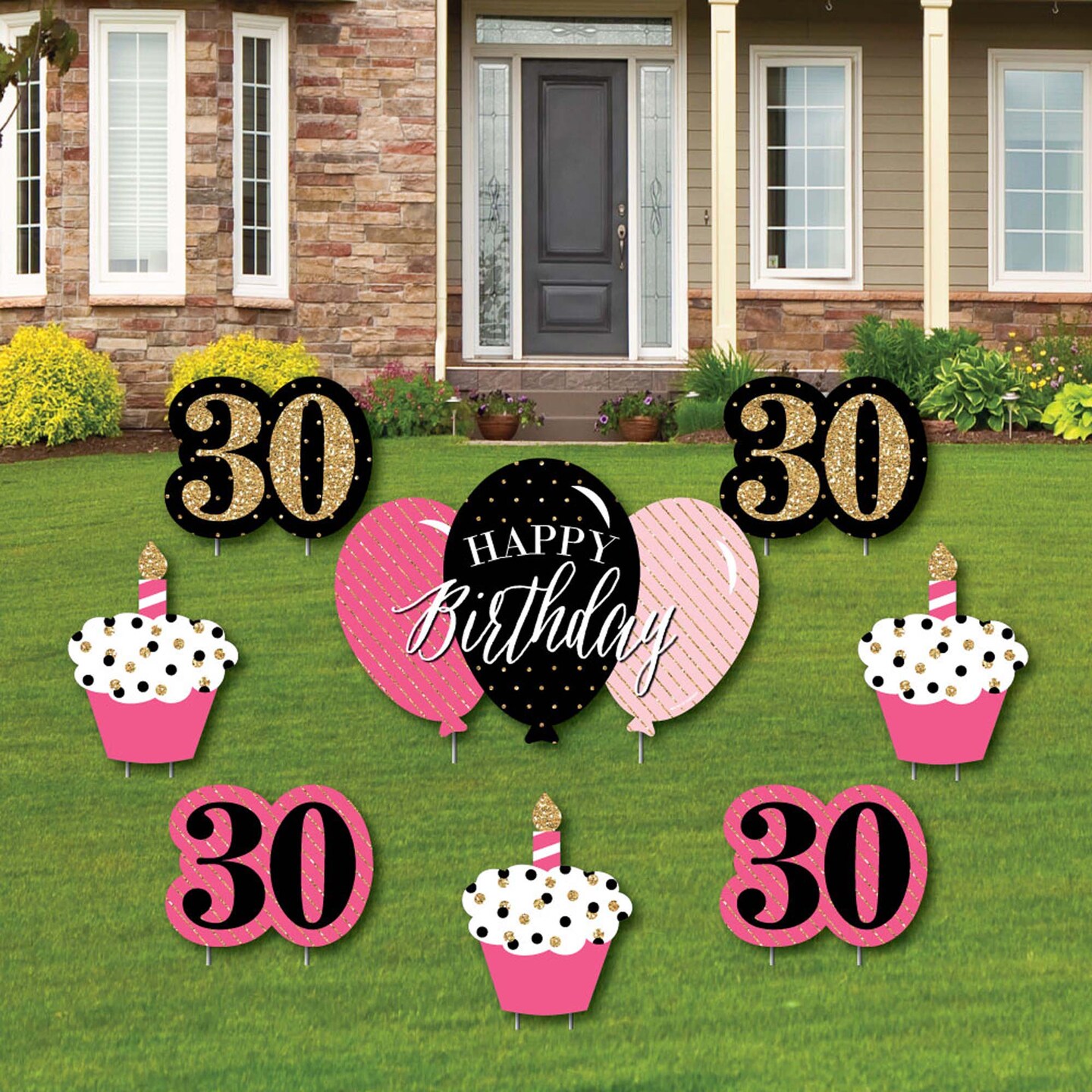 Big Dot of Happiness Chic 30th Birthday - Pink, Black and Gold - Yard Sign and Outdoor Lawn Decorations - Happy Birthday Party Yard Signs - Set of 8