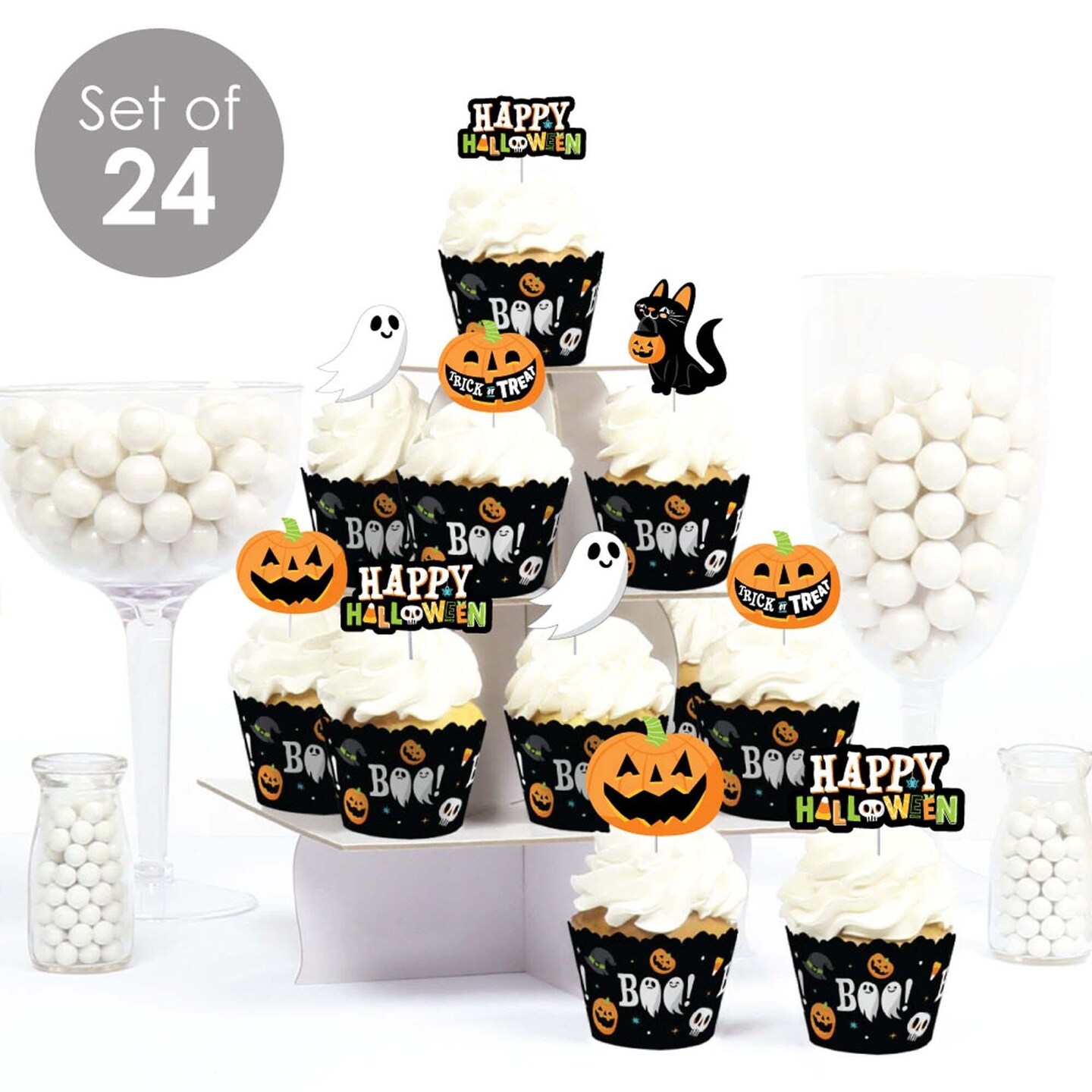 Big Dot of Happiness Jack-O&#x27;-Lantern Halloween - Cupcake Decoration - Kids Halloween Party Cupcake Wrappers and Treat Picks Kit - Set of 24