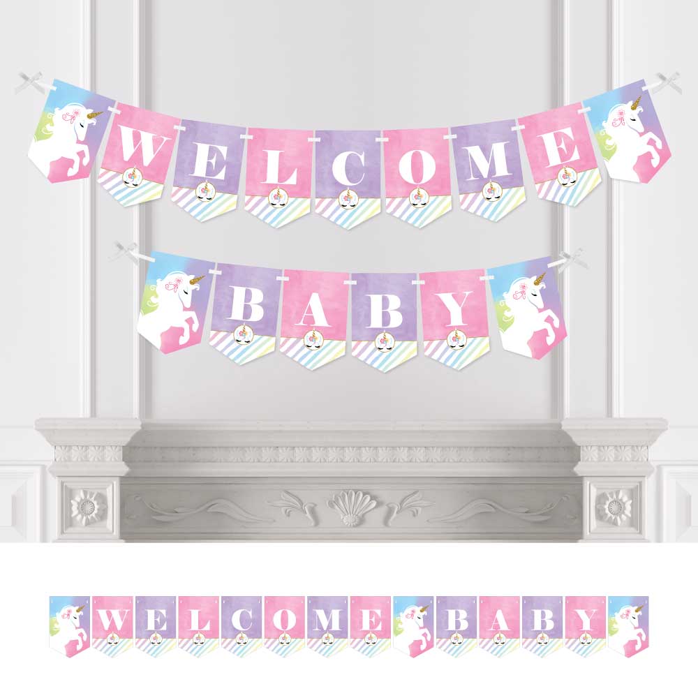 Big Dot of Happiness Rainbow Unicorn - Baby Shower Bunting Banner - Magical Unicorn Party Decorations - Welcome Baby