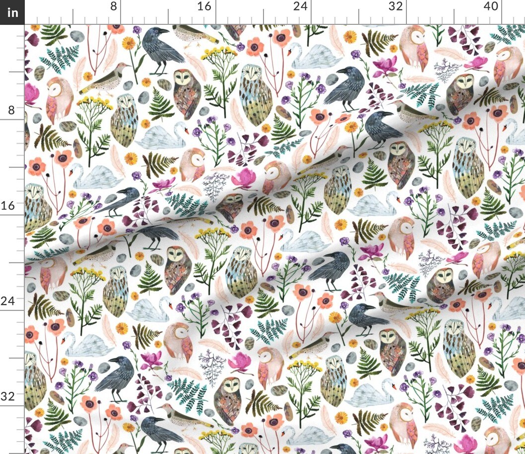 Dreams Large Birds Botanical Floral Owl Fern Green Bird Woodland Custom Printed Fabric by Spoonflower Various Fabrics by the Yard or Fat Quarter