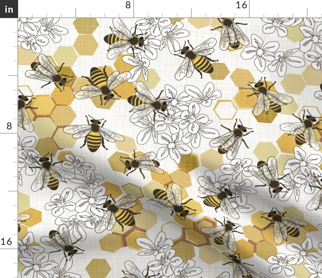 Endangered Species Honey Bee Flowers Honeycomb Hexagon Floral Apiary Insects Bugs Custom Printed Fabric by Spoonflower Various Fabrics by the Yard or Fat Quarter