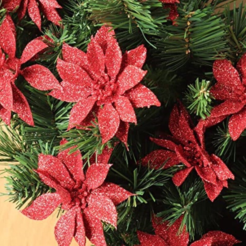 Red Glitter Poinsettia Christmas Tree Picks Decorations, 24-Pack of Lifelike Glittery Floral Accents for Wreaths and Holiday Arrangements - 2024 Christmas Collection, Floral Home by Artificial Flowers