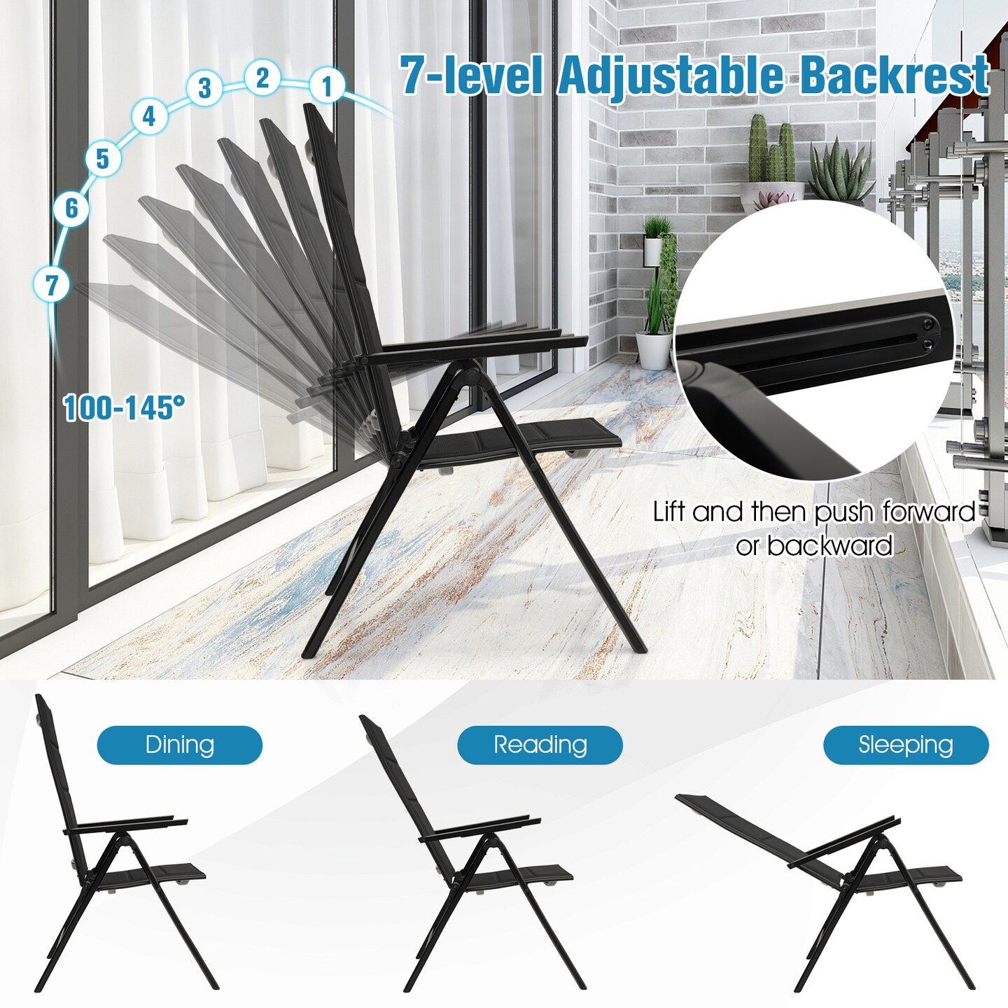 Outdoor Dining Chair With Soft Padded Seat And 7-position Adjustable Backrest