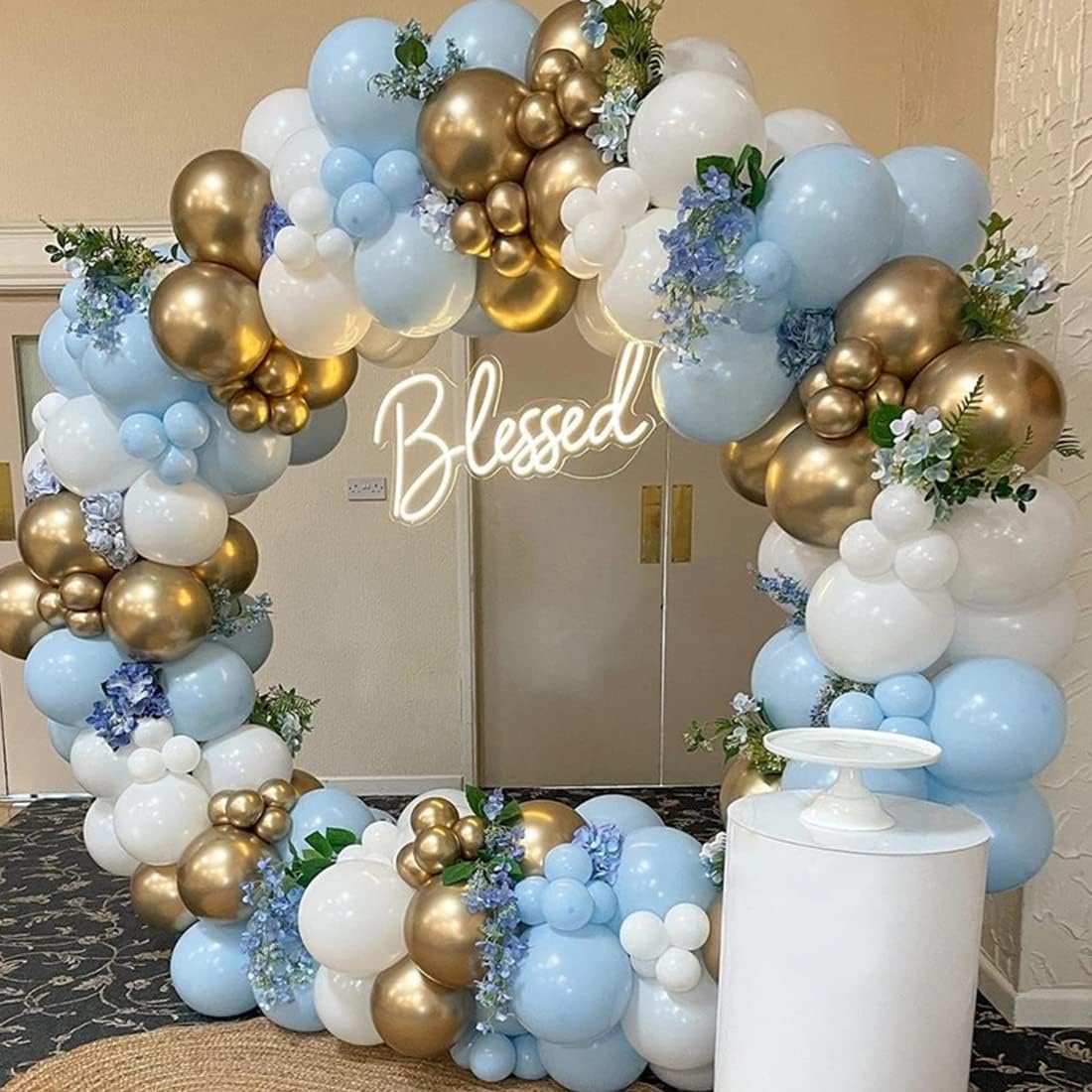 Blue White Gold Balloon Garland Arch Kit Metallic Chrome God Ballons with Macaroon Blue White Latex Balloons for Birthday Wedding Bridal Shower Party Baby Shower Decoration