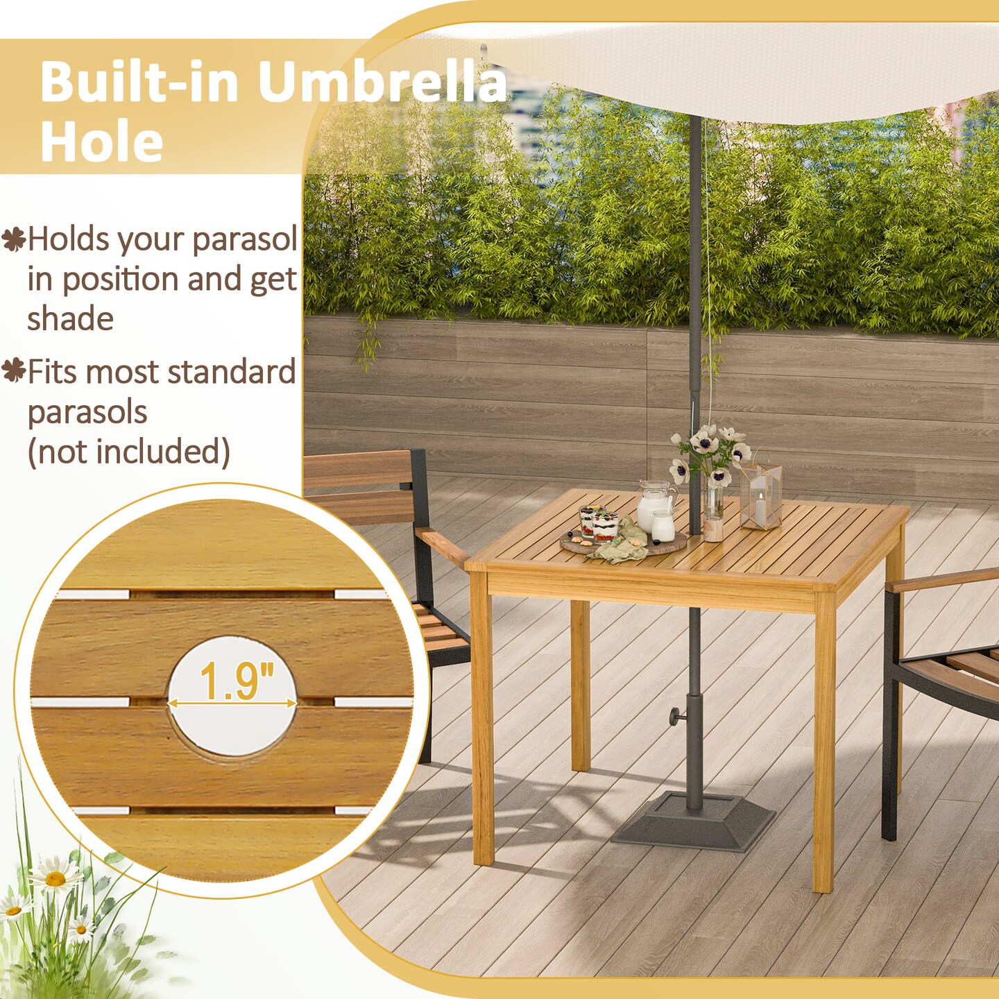 Square Acacia Wood Outdoor Dining Table With Umbrella Hole