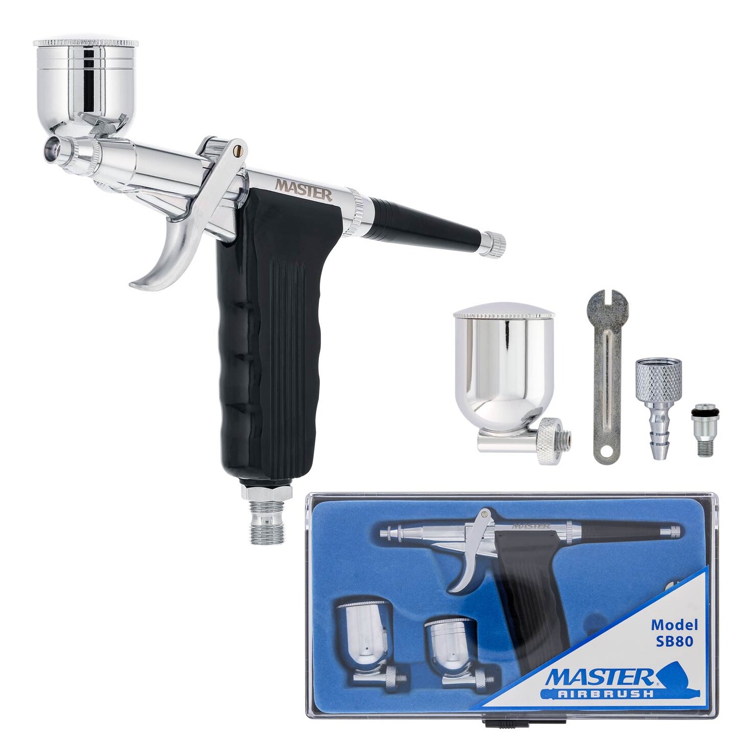 Master Performance SB80 Multi-Purpose Fixed Dual-Action Side Feed Pistol Trigger Airbrush, 0.3 mm Tip, 1/6 &#x26; 1/3 oz Cups