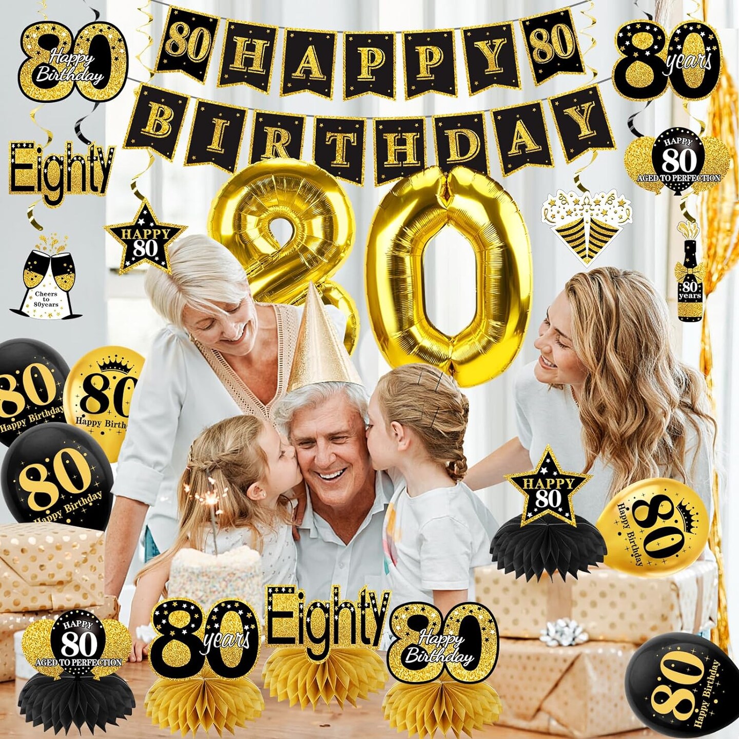 36Pcs 80th Birthday Decorations Kit for Men Women, Black Gold Happy 80 Birthday Banner Balloons Honeycomb Centerpiece Hanging Swirl Party Supplies, Eighty Year Old Bday Table Topper Decor