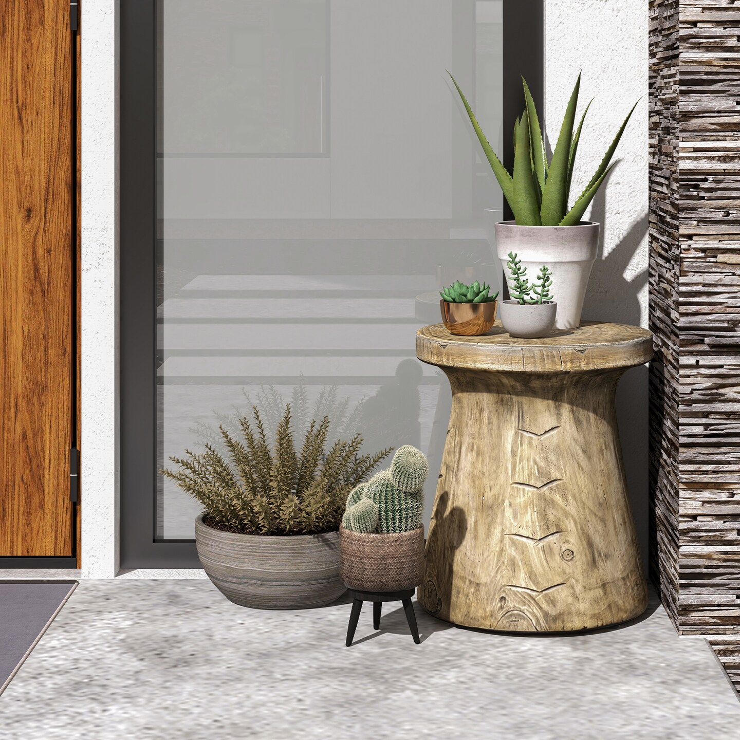Weather Resident Rock End Table With Wood Grain For Living Room