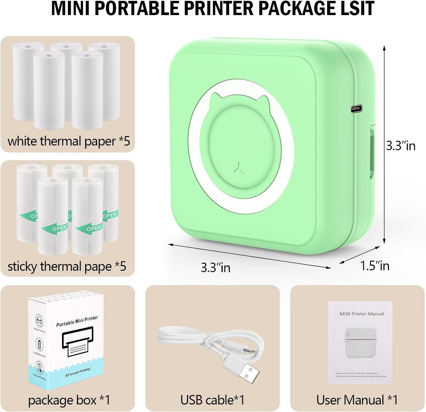 Wireless Mini Sticker Printer with 10 Rolls Thermal Paper
