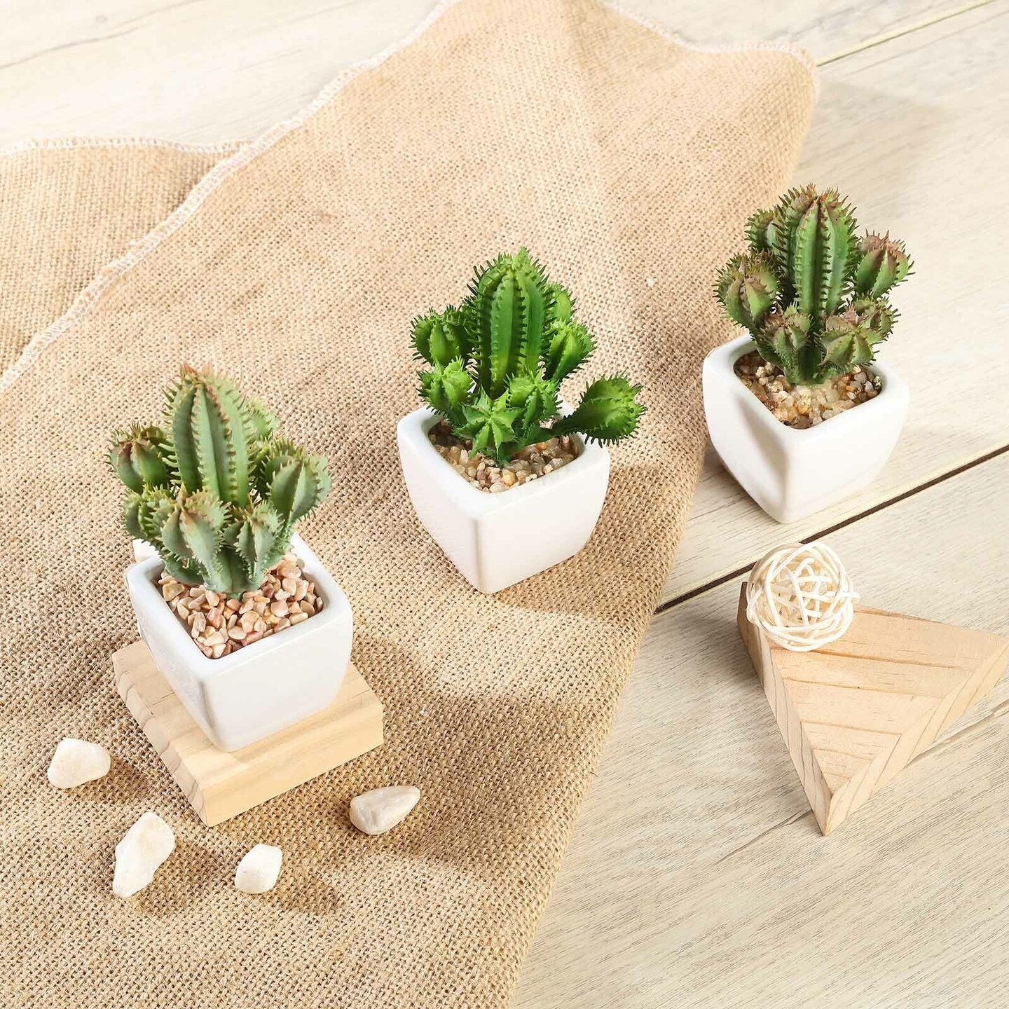 Green 3 Assorted 5&#x22; Artificial Faux Succulent Cactus Plants Off White Pots