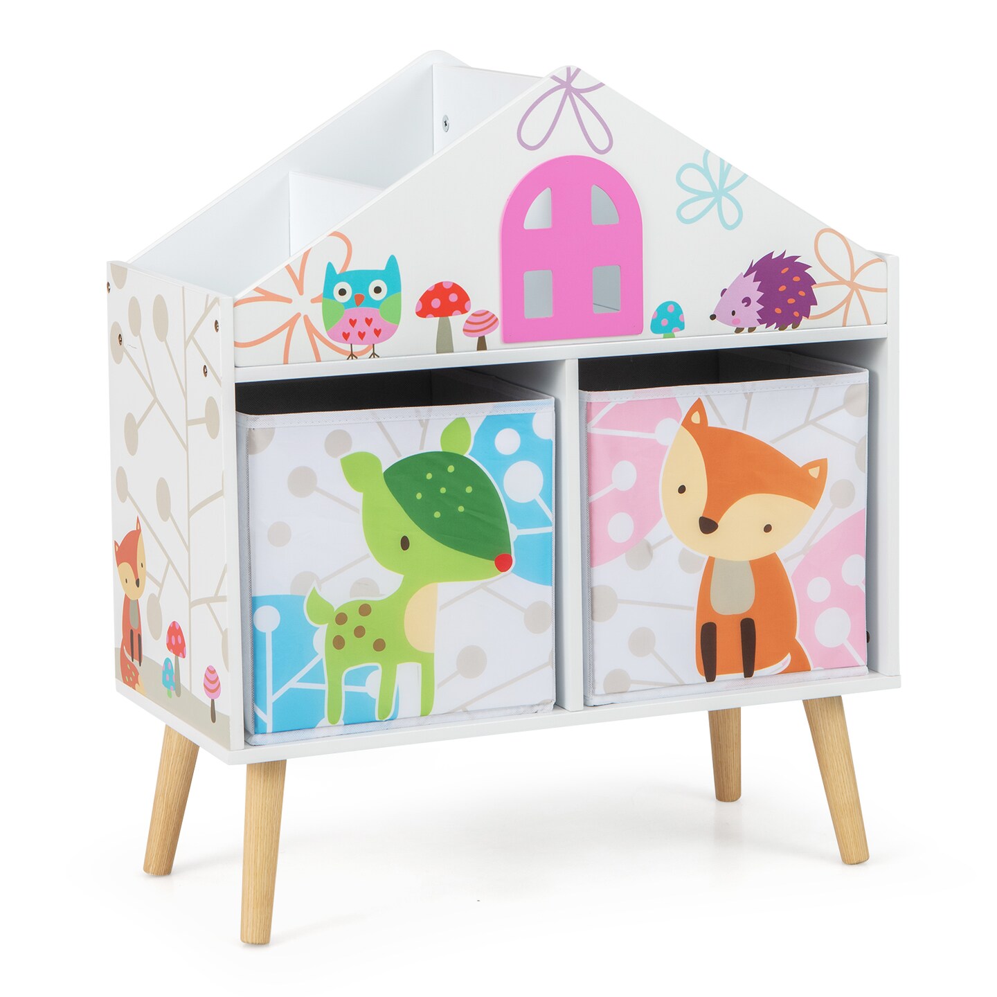 Kids House-shaped Bookshelf with 2 Storage Bins for Kids Room Playroom-White - 24.5&#x22; x 12&#x22; x 28&#x22;