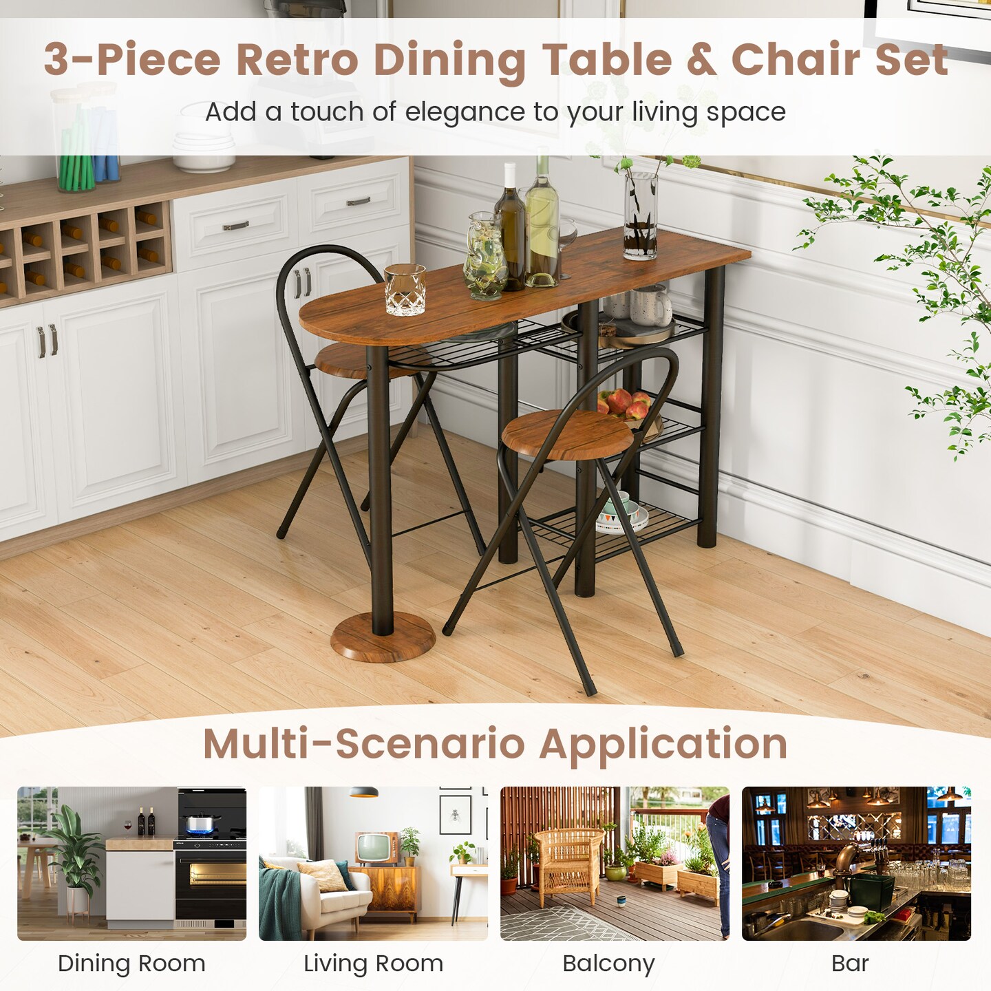 3 Pieces Retro Dining Table Set With 4-tier Storage Shelf