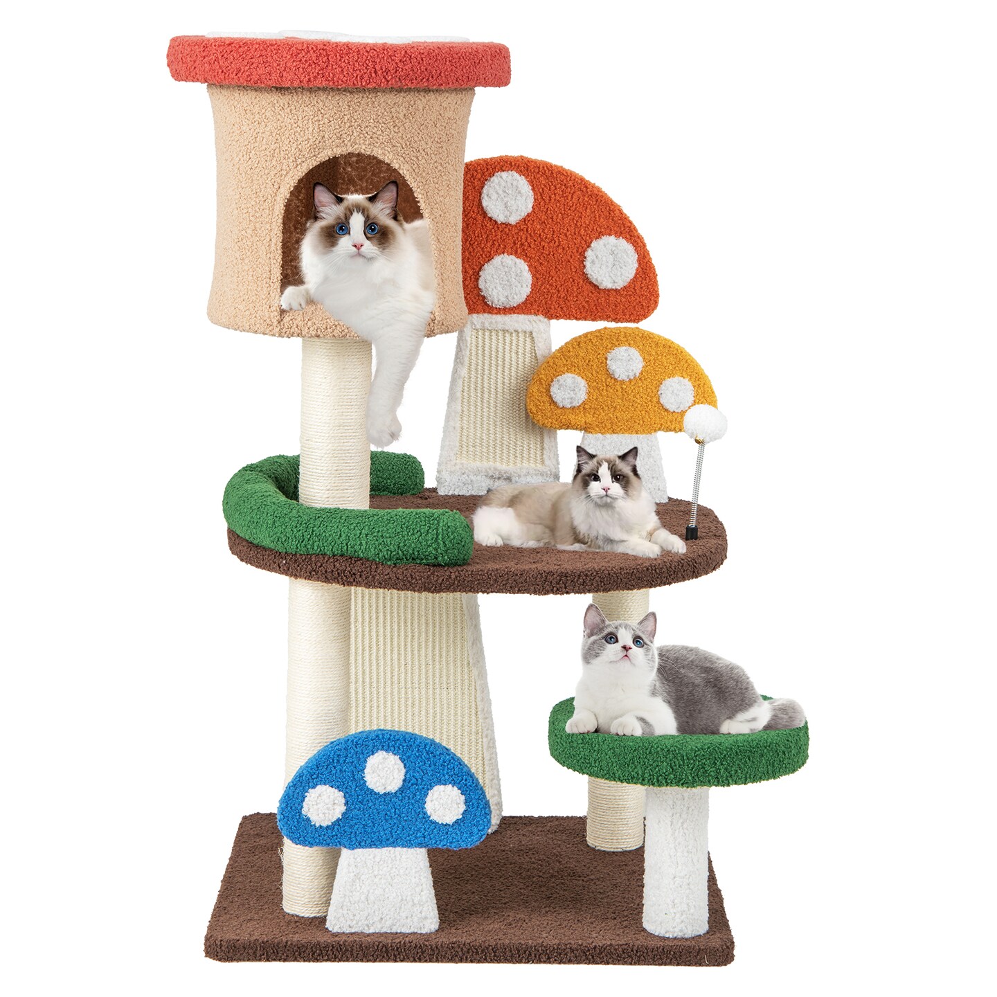 4-in-1 Mushroom Cat Tree With Condo Spring Ball And Sisal Posts-multicolor