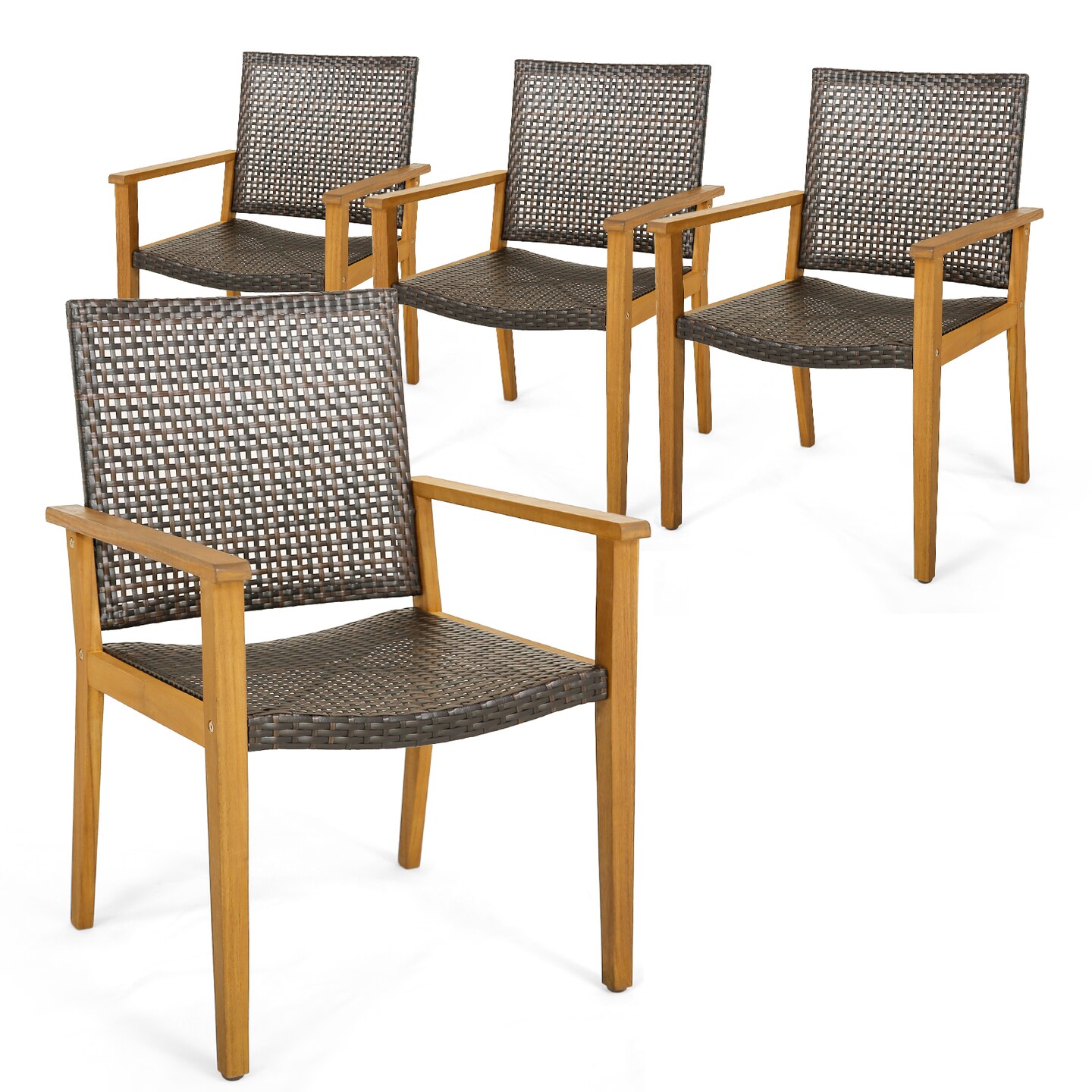 Outdoor Rattan Chair With Sturdy Acacia Wood Frame - Set Of 4