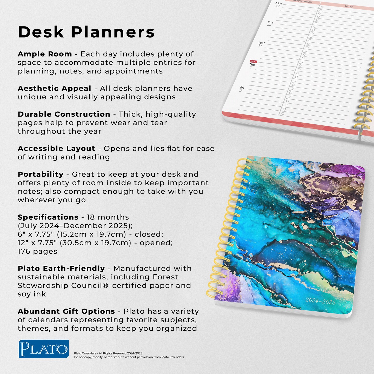 Crackled Blush | 2025 6 x 7.75 Inch 18 Months Weekly Desk Planner | Foil Stamped Cover | July 2024 - December 2025 | Plato | Planning Stationery