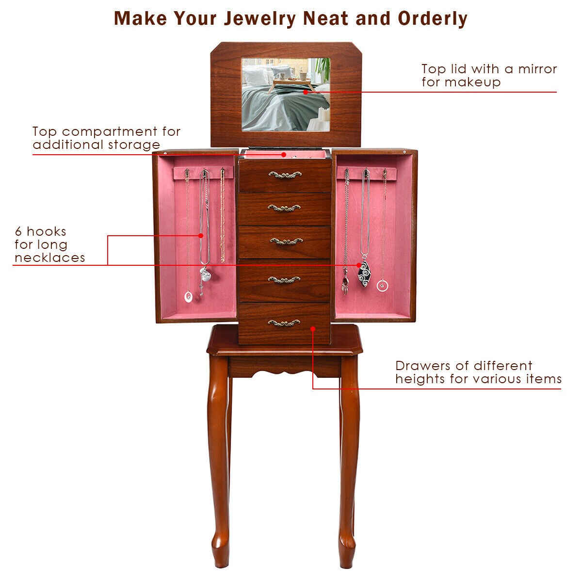 Large Storage Capacity Jewelry Cabinet With 5 Drawers
