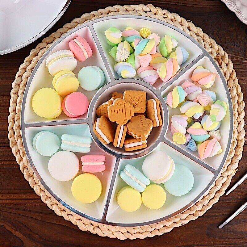 4 White Silver Trim 12&#x22; Round SERVING TRAYS Food Compartments