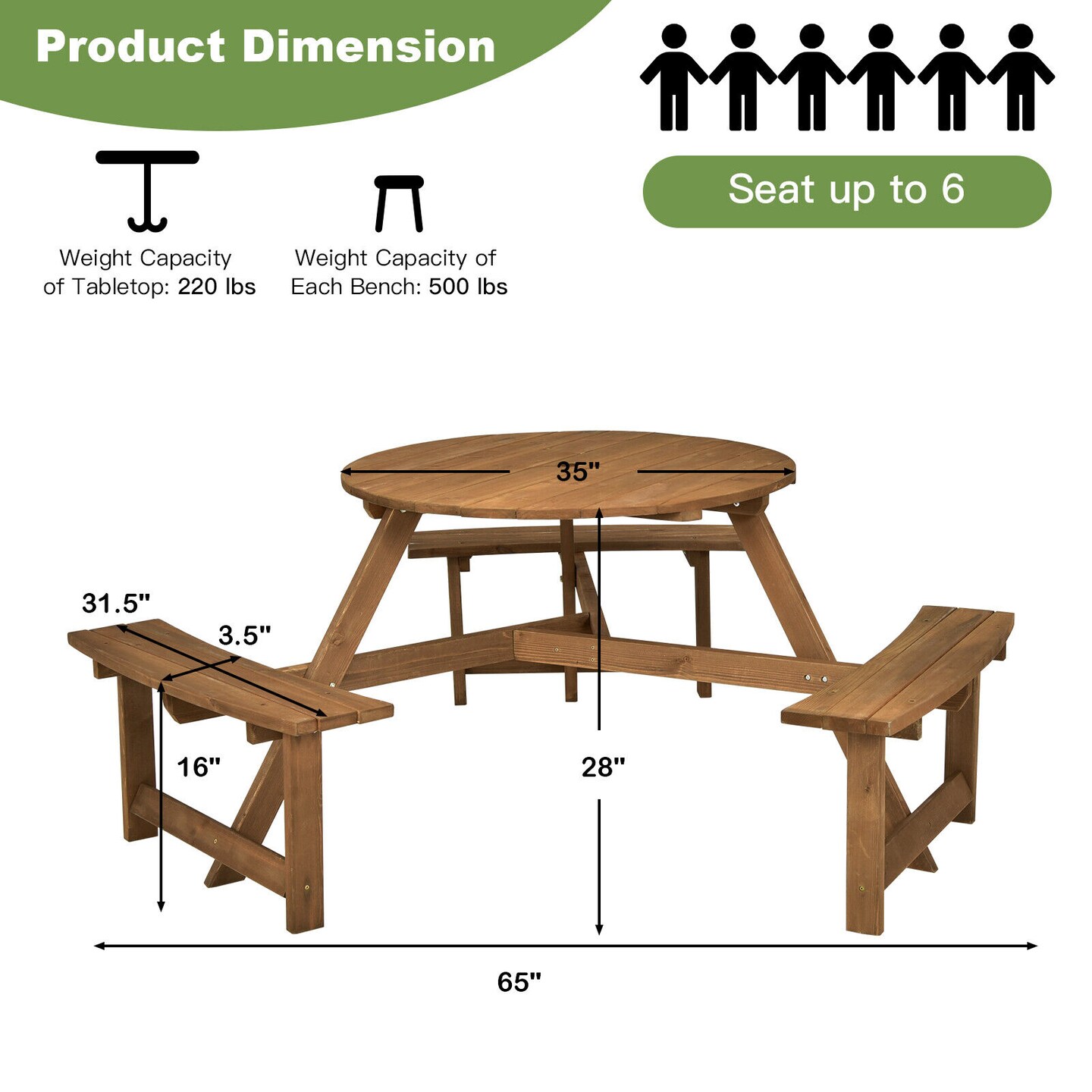 6-person Round Wooden Picnic Table With Umbrella Hole And 3 Built-in Benches-Dark Brown