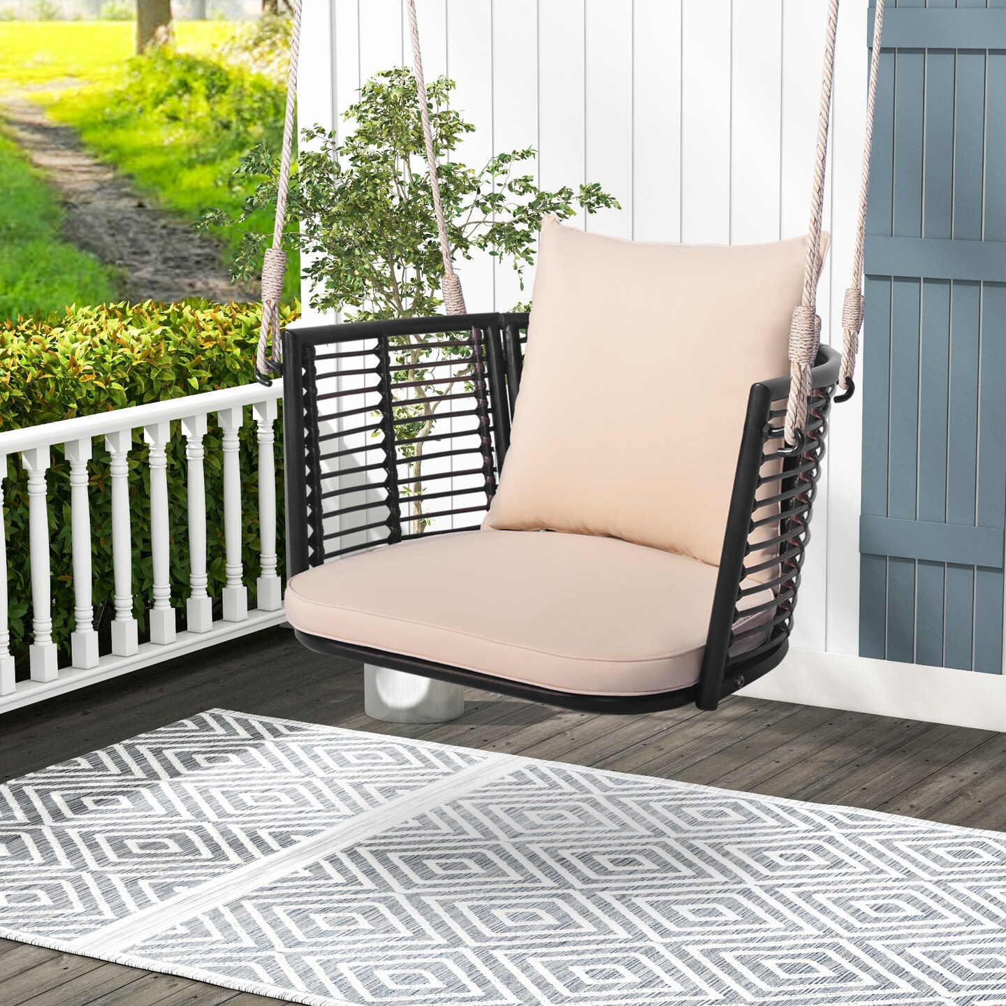Single Person Hanging Seat With Woven Rattan Backrest For Backyard