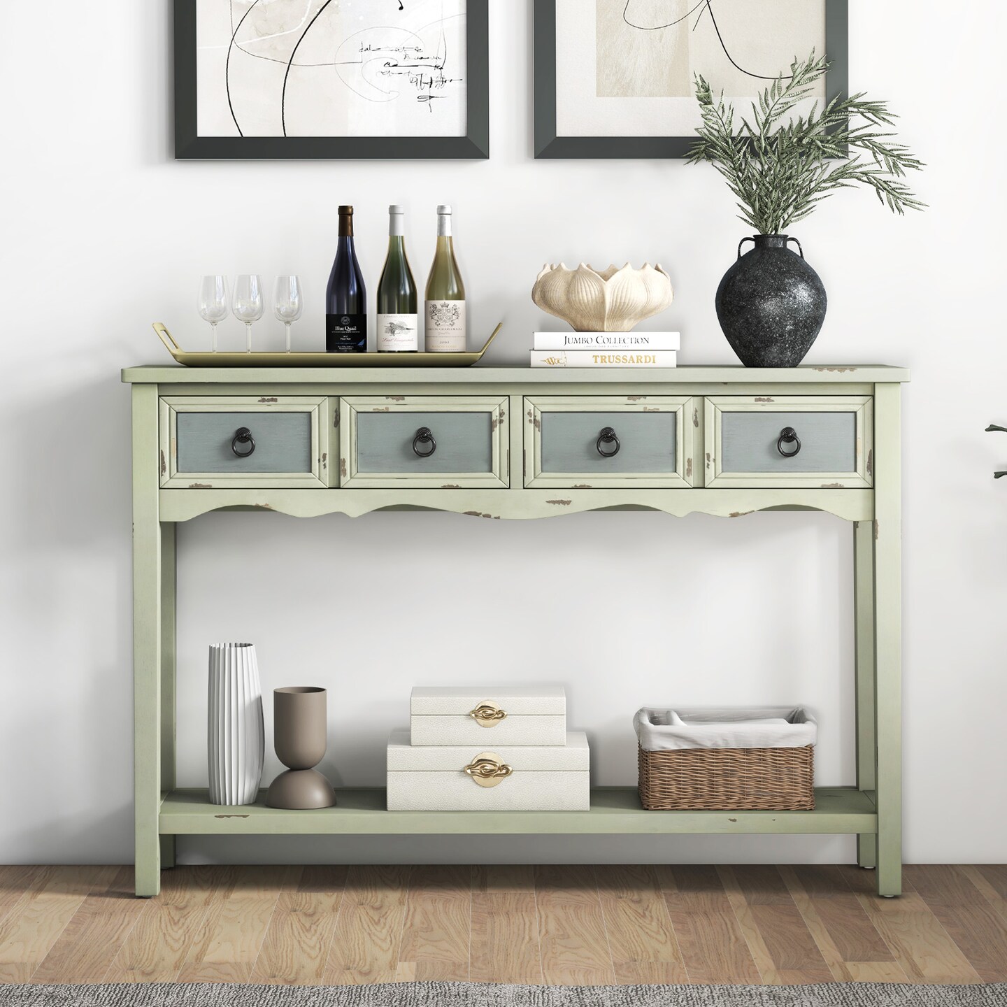 48 Inch Farmhouse Console Table With 2 Drawers And Open Storage Shelf For Hallway