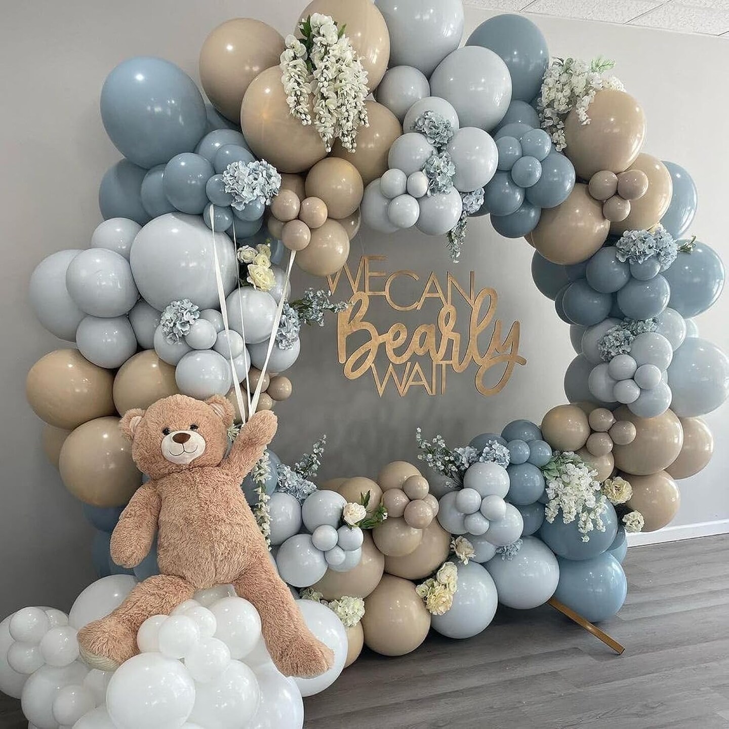 Blue Balloon Arch Kit, 132Pcs Dusty Light Baby Blue Balloons Garland with Brown Double Stuffed Balloons for Baby Shower Gender Reveal Boy Birthday Bear Theme Party Decorations Supplies