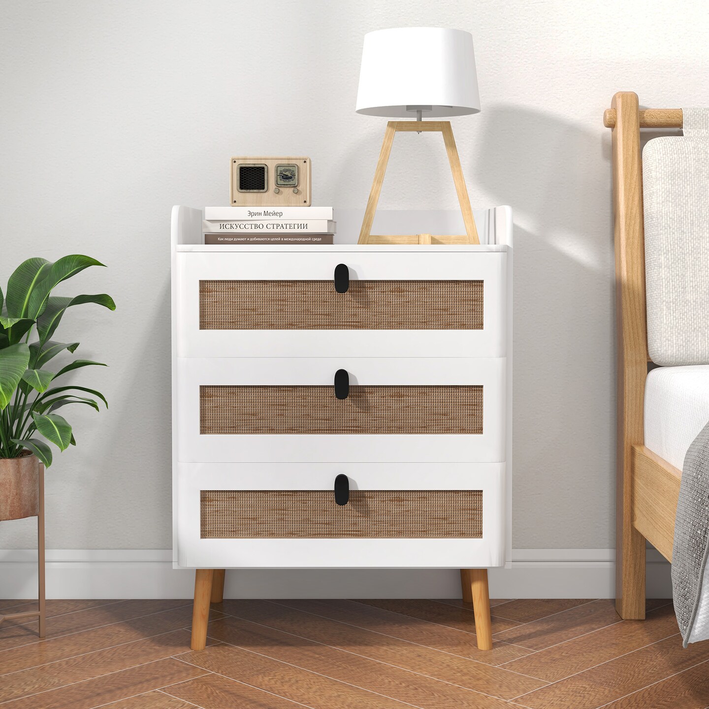 Modern End Table With 3 Rattan Decorated Drawers-White