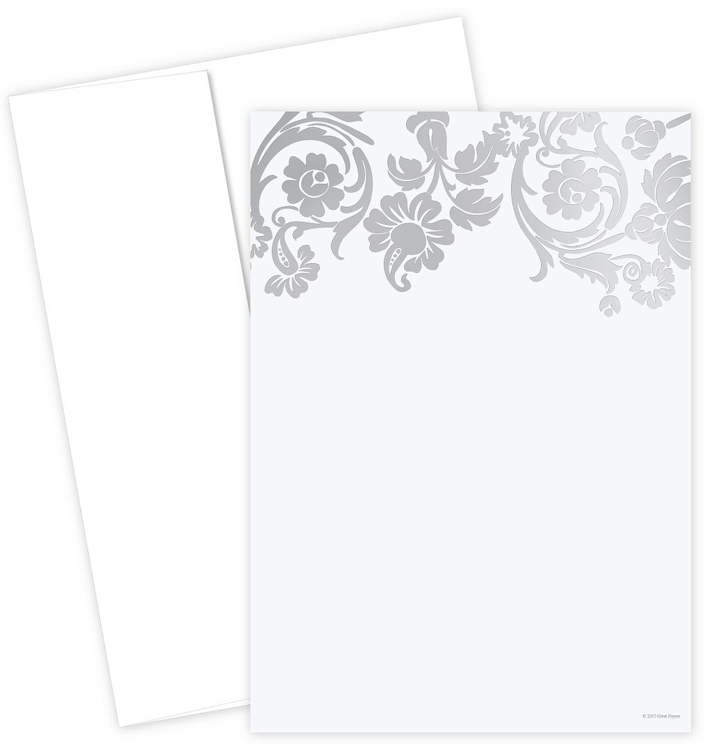 Great Papers! Flat Card Invitation and Envelopes, Damask with Silver Foil, 5.5&#x22; x 7.75&#x22;, Printer Compatible, 10 Invitations/10 White Envelopes