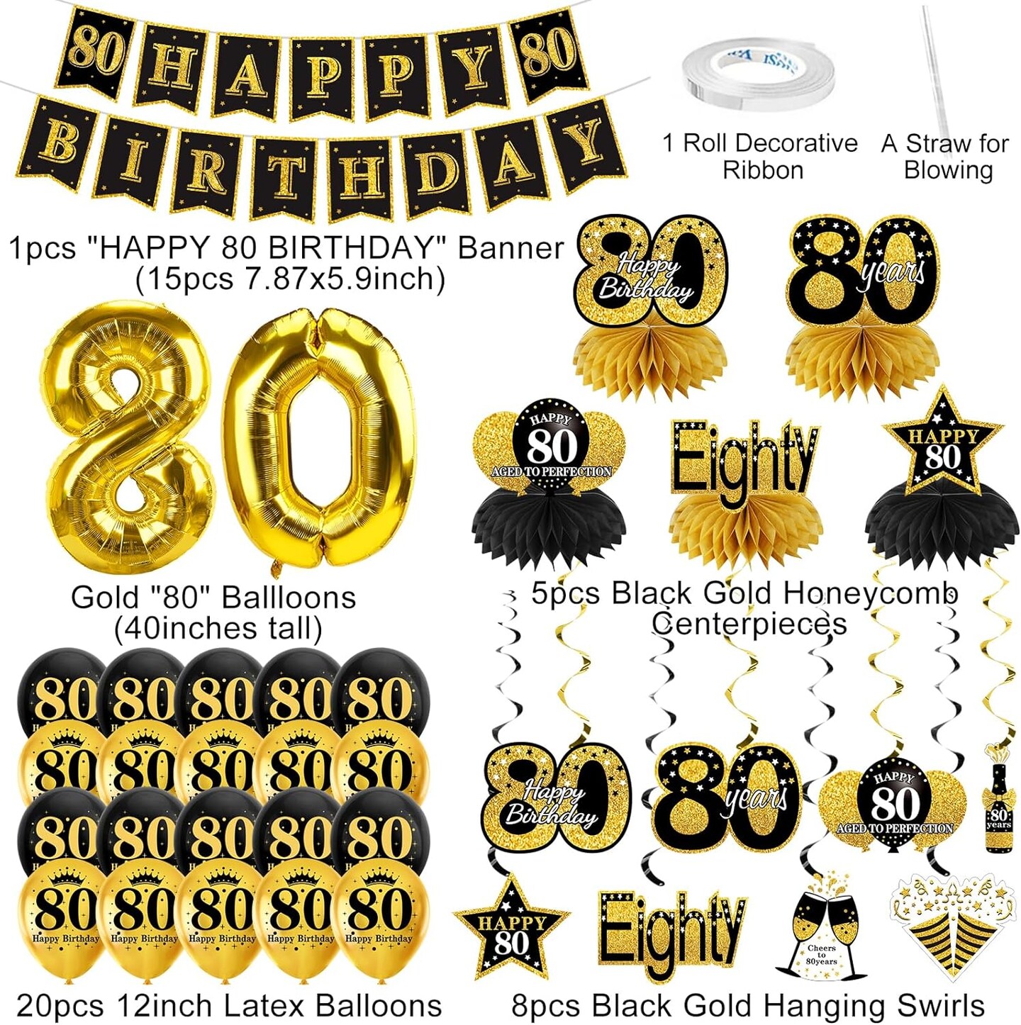 36Pcs 80th Birthday Decorations Kit for Men Women, Black Gold Happy 80 Birthday Banner Balloons Honeycomb Centerpiece Hanging Swirl Party Supplies, Eighty Year Old Bday Table Topper Decor