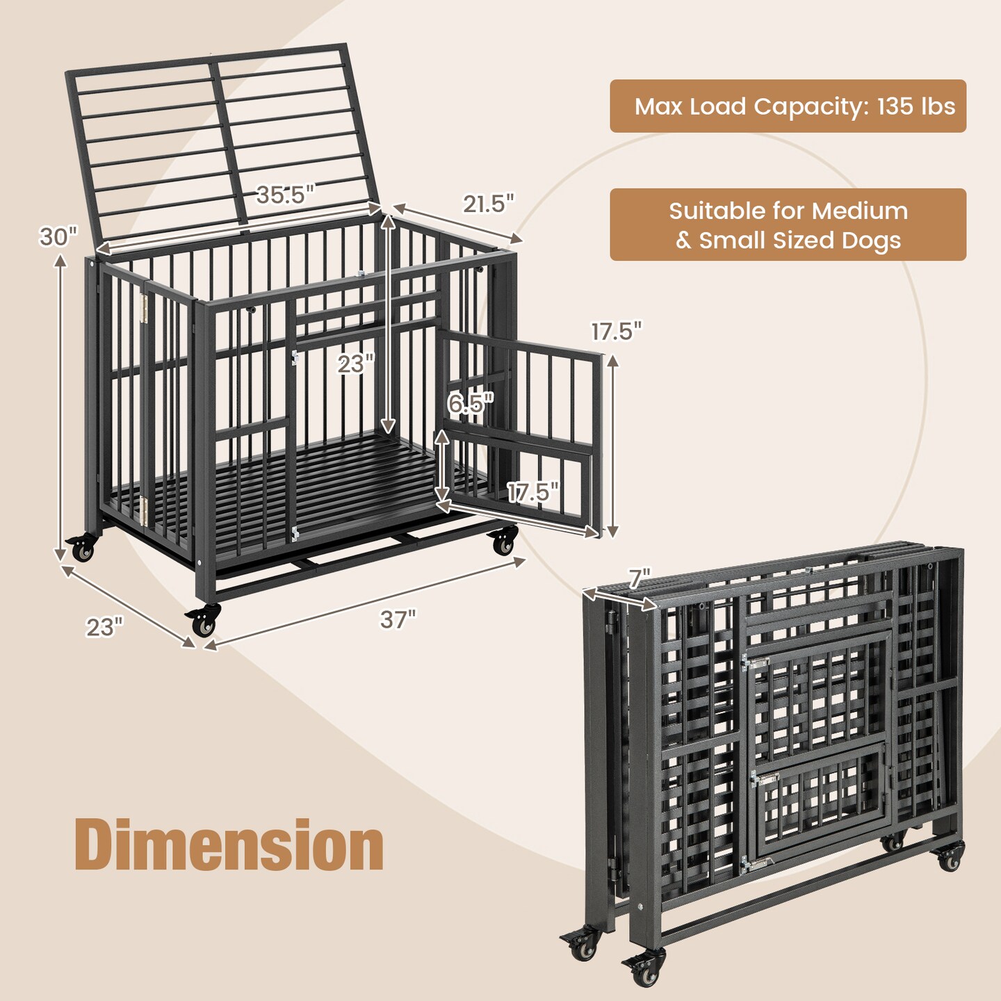 Foldable Heavy-Duty Metal Dog Cage Chew-proof Dog Crate with Lockable Universal Wheels - 37&#x22; x 23&#x22; x 30&#x22; (L x W x H)
