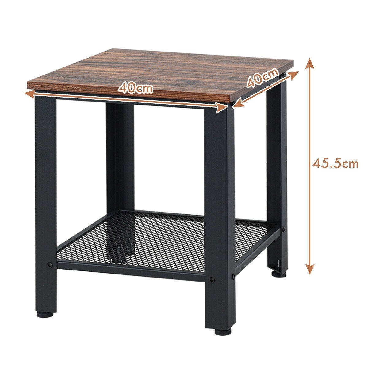 Industrial Side Table Wood and Iron End Table with Mesh Shelf Bedside Table Black