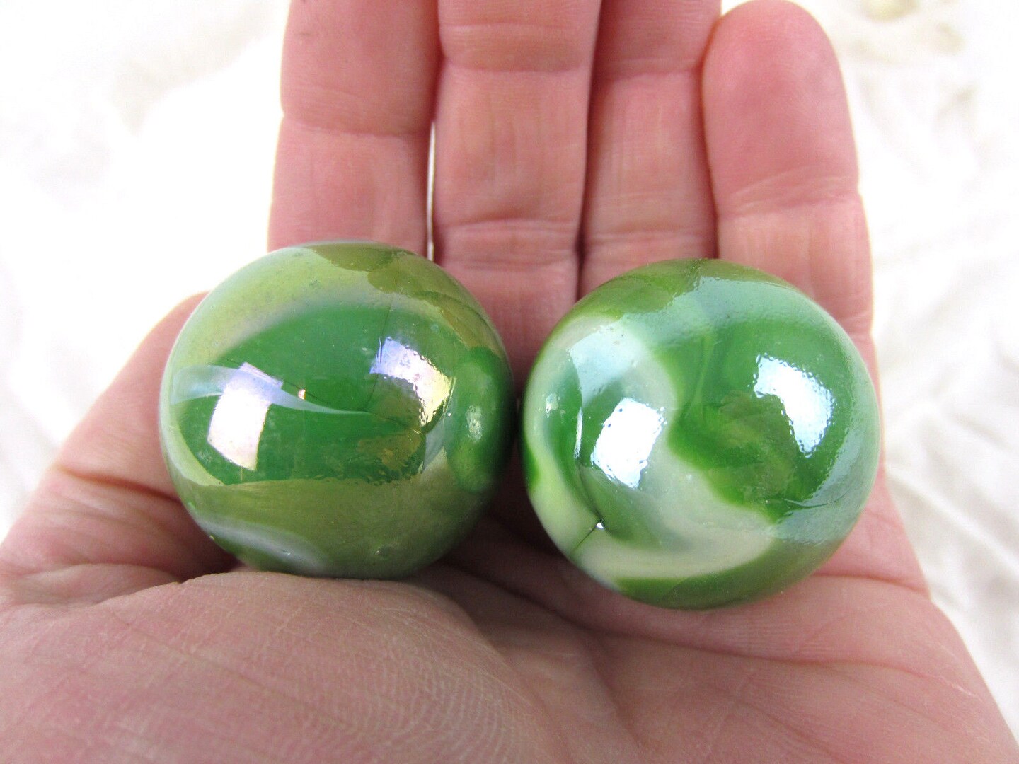 2 Boulders 35mm FUNGUS Marbles glass ball Green White Iridescent large Swirl