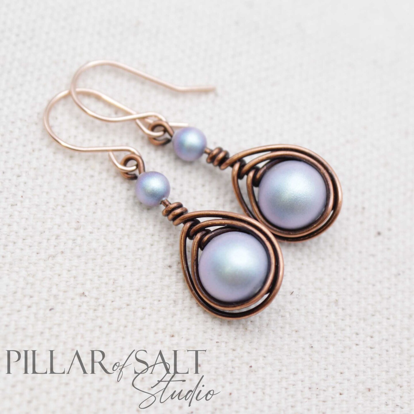 Copper Wire Wrapped Earrings with Simulated Pearl (Iridescent Light Blue) by Pillar of Salt Studio