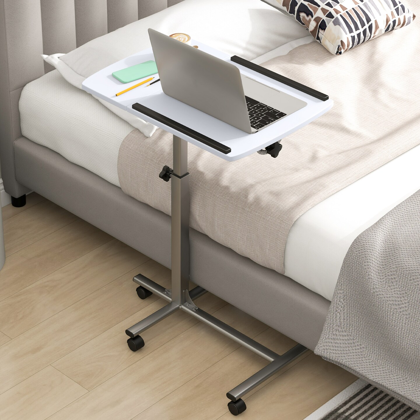 White Adjustable Height Laptop Desk Cart with Tilt Top and Lockable Casters for Work or Study