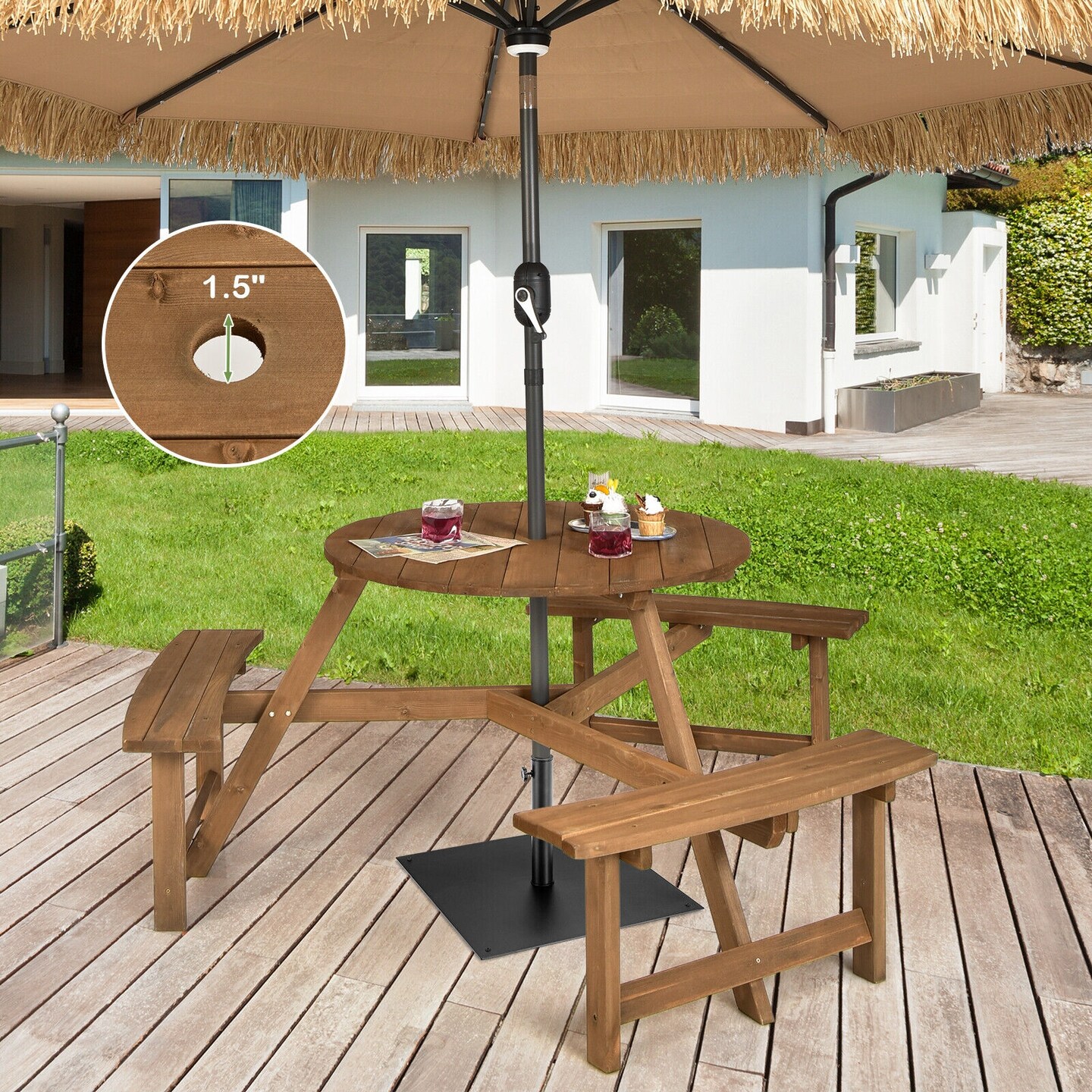 6-person Round Wooden Picnic Table With Umbrella Hole And 3 Built-in Benches-Dark Brown