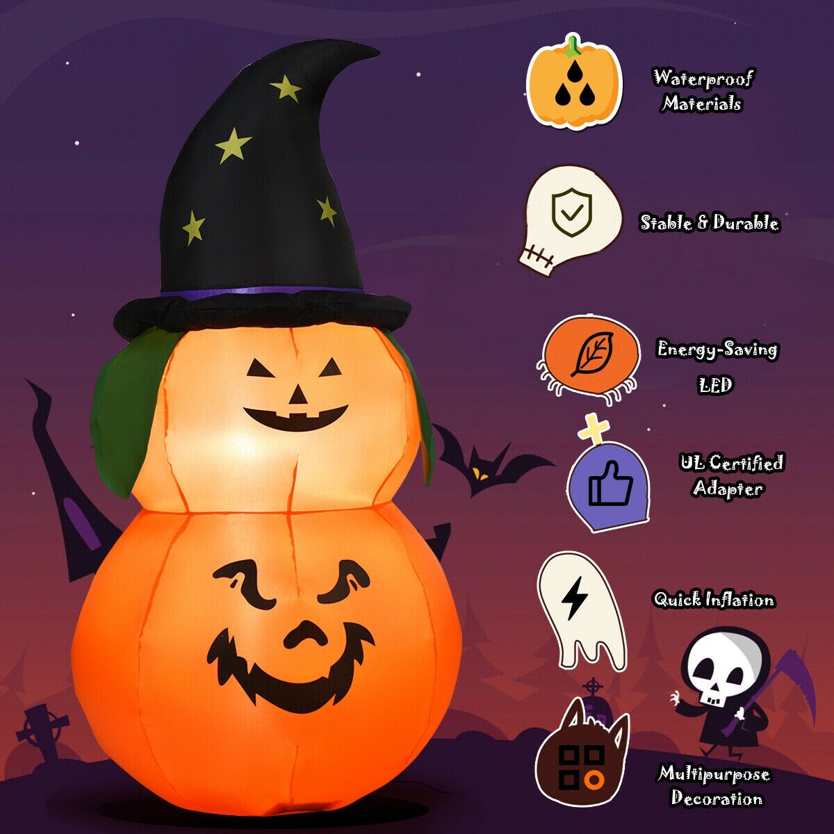 5 Feet Halloween Inflatable Led Pumpkin with Witch Hat