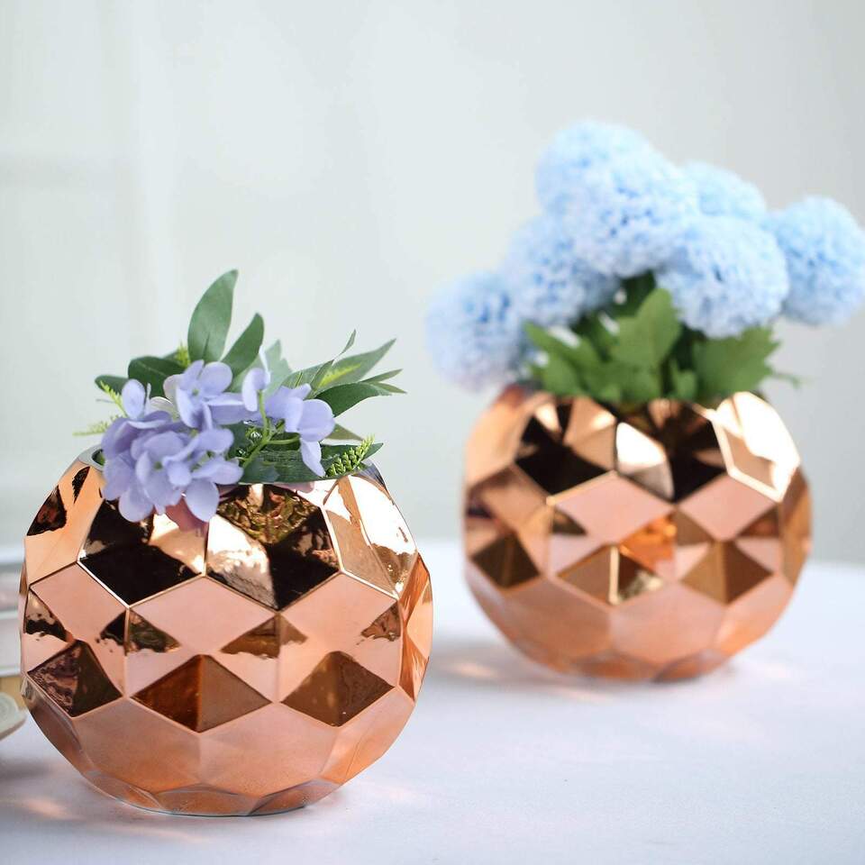 2 pcs 6-Inch tall Rose Gold Geometric Mercury Glass Candle Holders